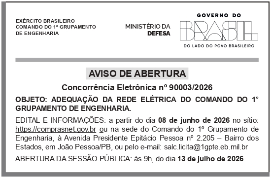 CMDO 1° GPTE – JOÃO PESSOA – PB – COMANDO DO 1° GRUPAMENTO DE ENGENHARIA – ABERTURA CONCORRÊNCIA 90003/2026
