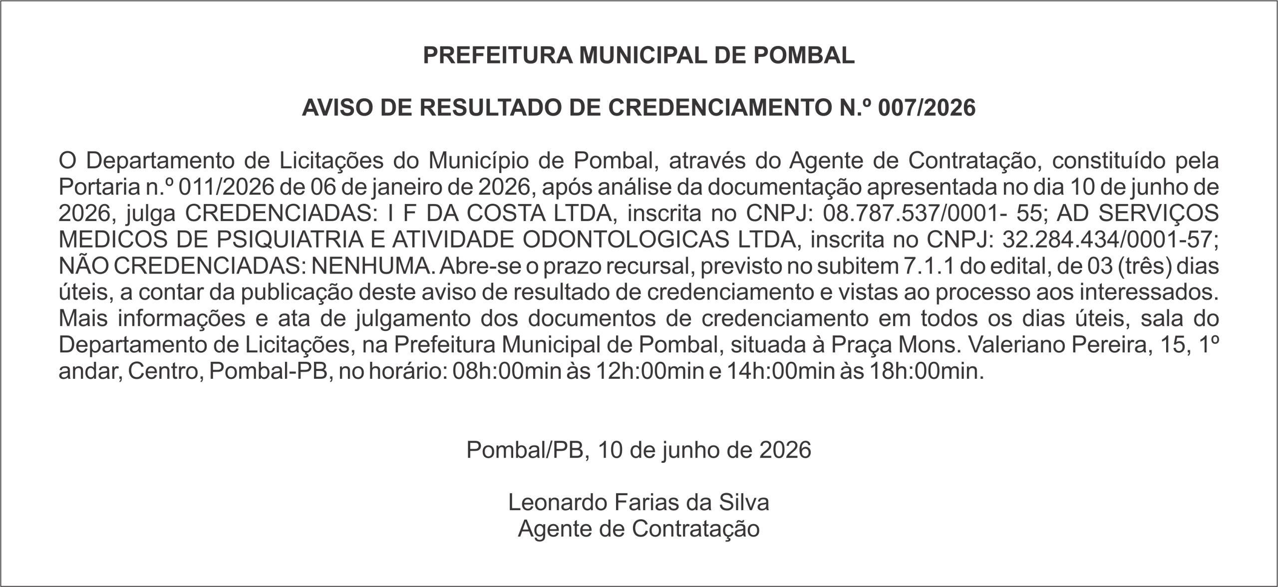 PREFEITURA DE POMBAL – AVISO DE RESULTADO DE CREDENCIAMENTO  N.º 007/2026