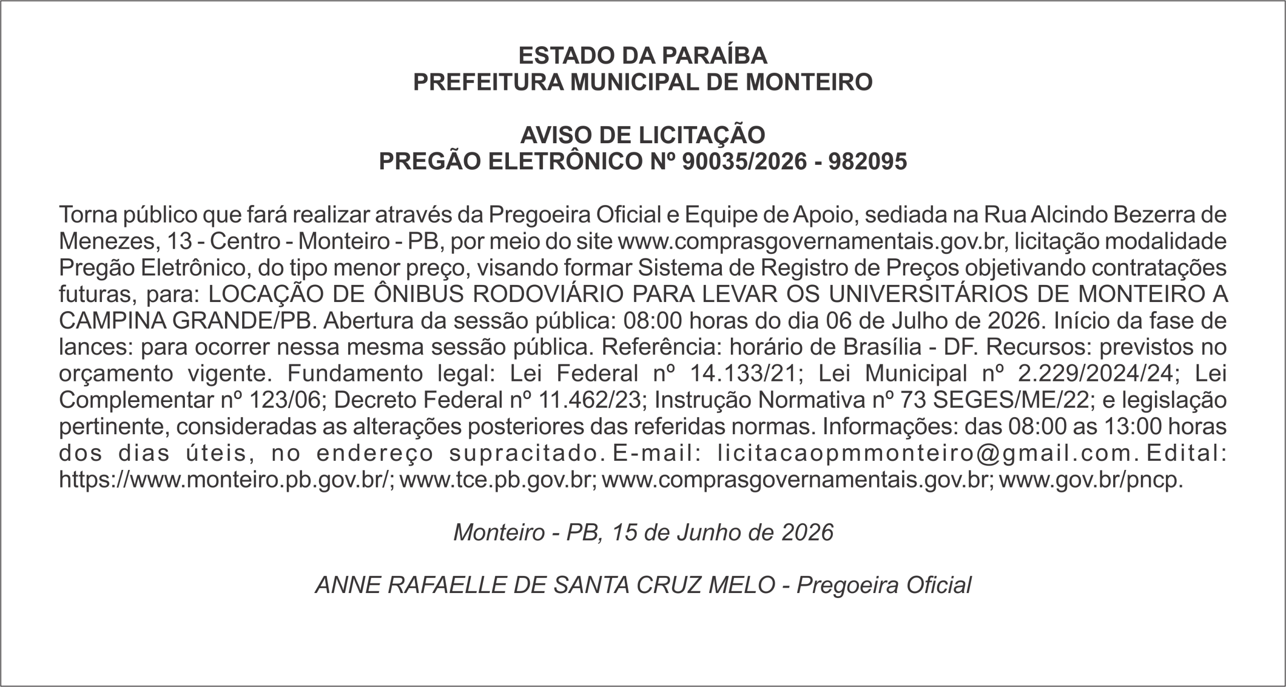 PREFEITURA MUNICIPAL DE MONTEIRO – AVISO DE LICITAÇÃO PREGÃO ELETRÔNICO Nº 90035/2026 – 982095