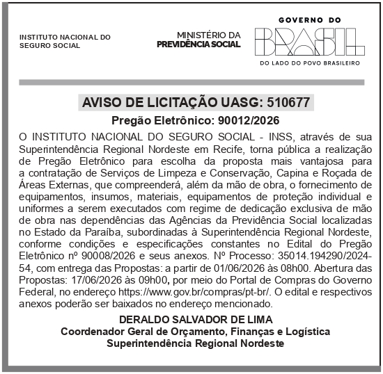 INSS – PE – RECIFE – AVISO DE LICITAÇÃO UASG: 510677 PREGÃO ELETRÔNICO: 90012/2026