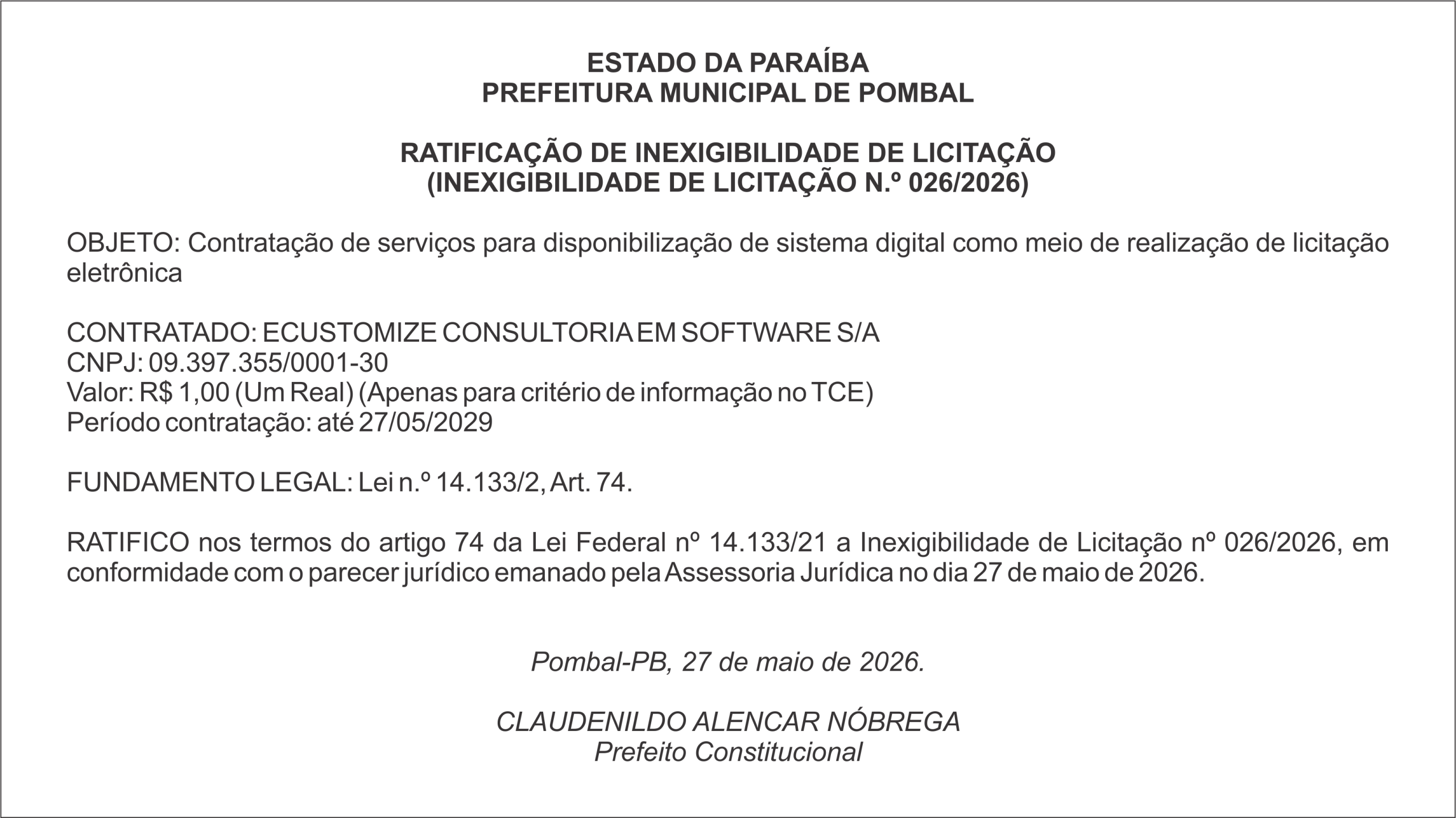 PREFEITURA MUNICIPAL DE POMBAL – RATIFICAÇÃO DE INEXIGIBILIDADE DE LICITAÇÃO