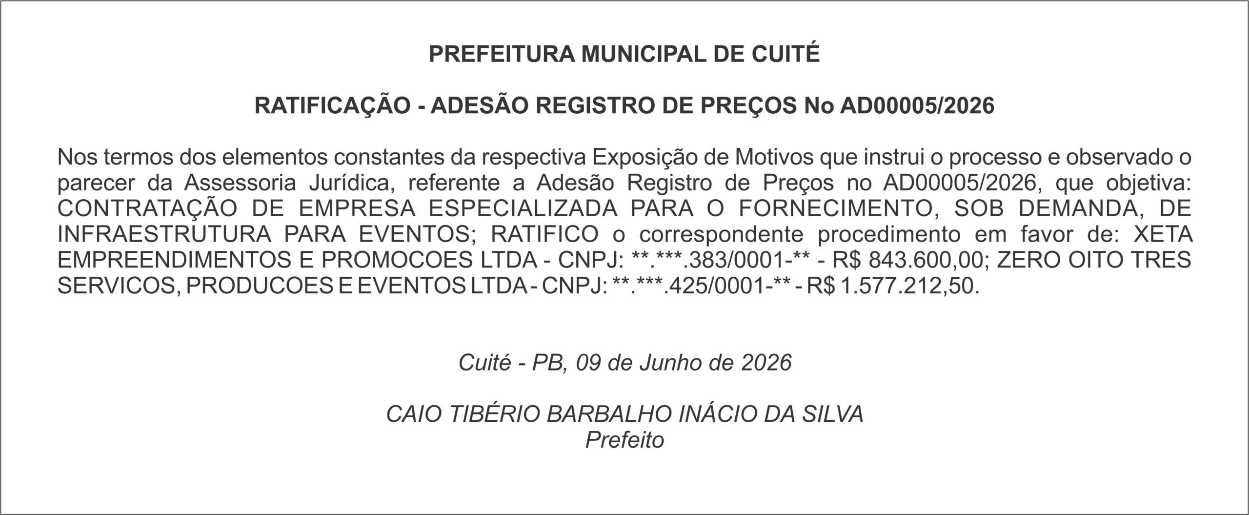 PREFEITURA MUNICIPAL DE CUITÉ – RATIFICAÇÃO – ADESÃO REGISTRO DE PREÇOS No AD00005/2026