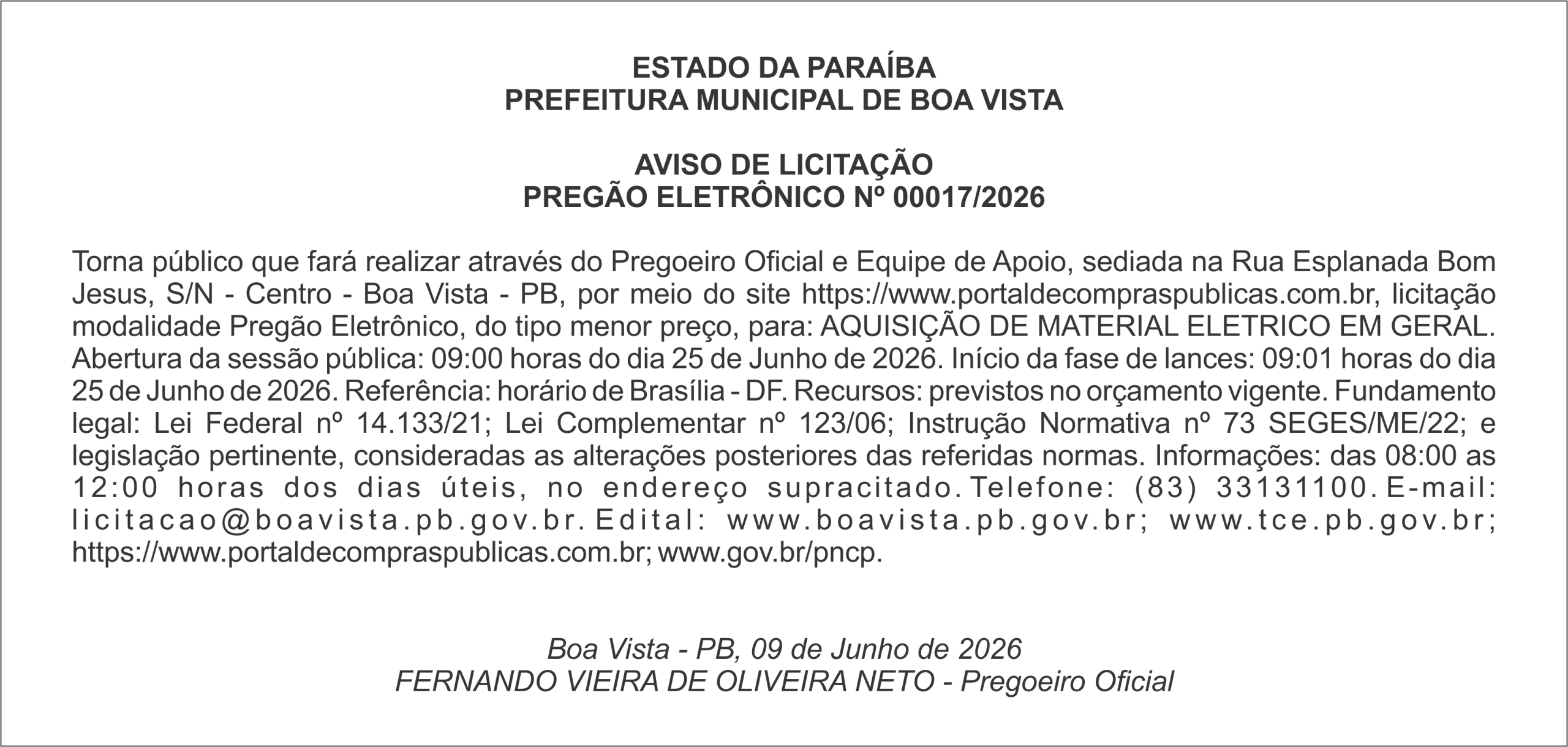 PREFEITURA MUNICIPAL DE BOA VISTA – AVISO DE LICITAÇÃO PREGÃO ELETRÔNICO Nº 00017/2026