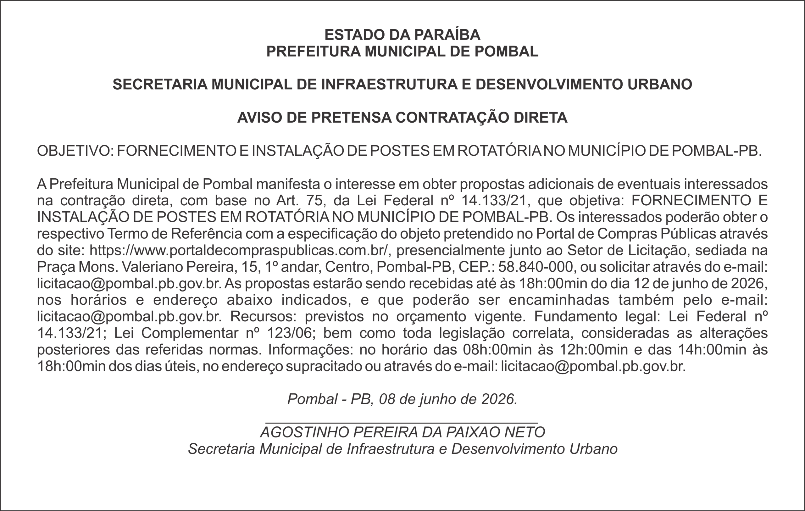 PREFEITURA MUNICIPAL DE POMBAL – AVISO DE PRETENSA CONTRATAÇÃO DIRETA