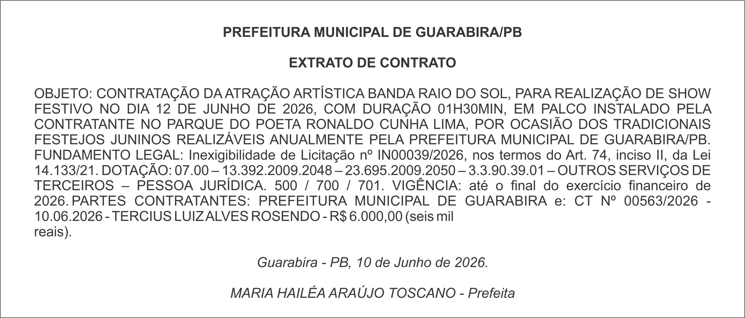 PREFEITURA MUNICIPAL DE GUARABIRA/PB EXTRATO DE CONTRATO