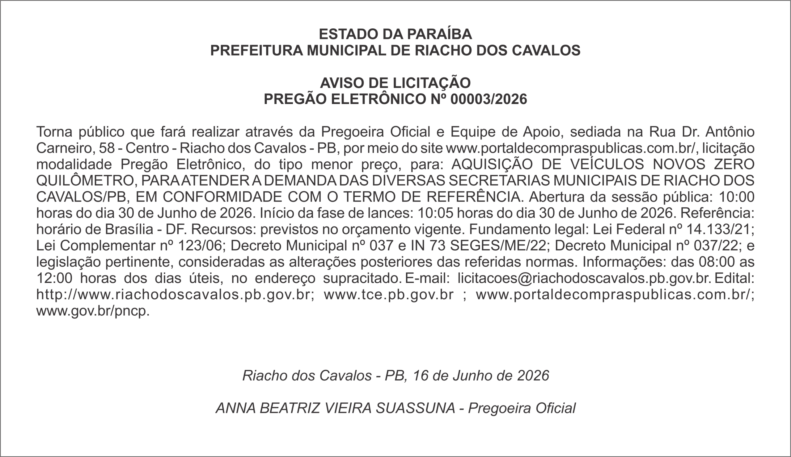PREFEITURA MUNICIPAL DE RIACHO DOS CAVALOS – AVISO DE LICITAÇÃO PREGÃO ELETRÔNICO Nº 00003/2026