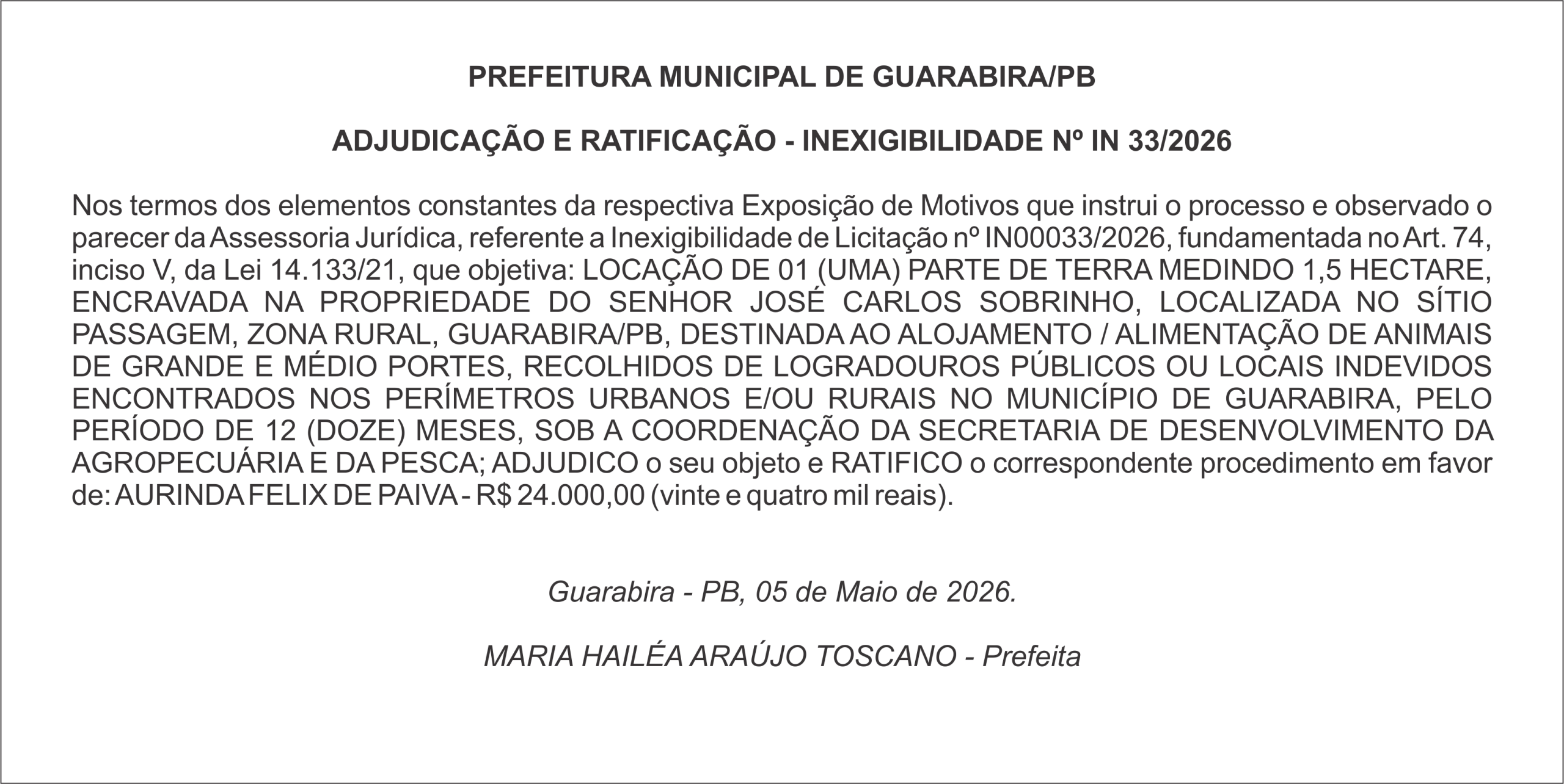 PREFEITURA MUNICIPAL DE GUARABIRA/PB ADJUDICAÇÃO E RATIFICAÇÃO – INEXIGIBILIDADE Nº IN 33/2026
