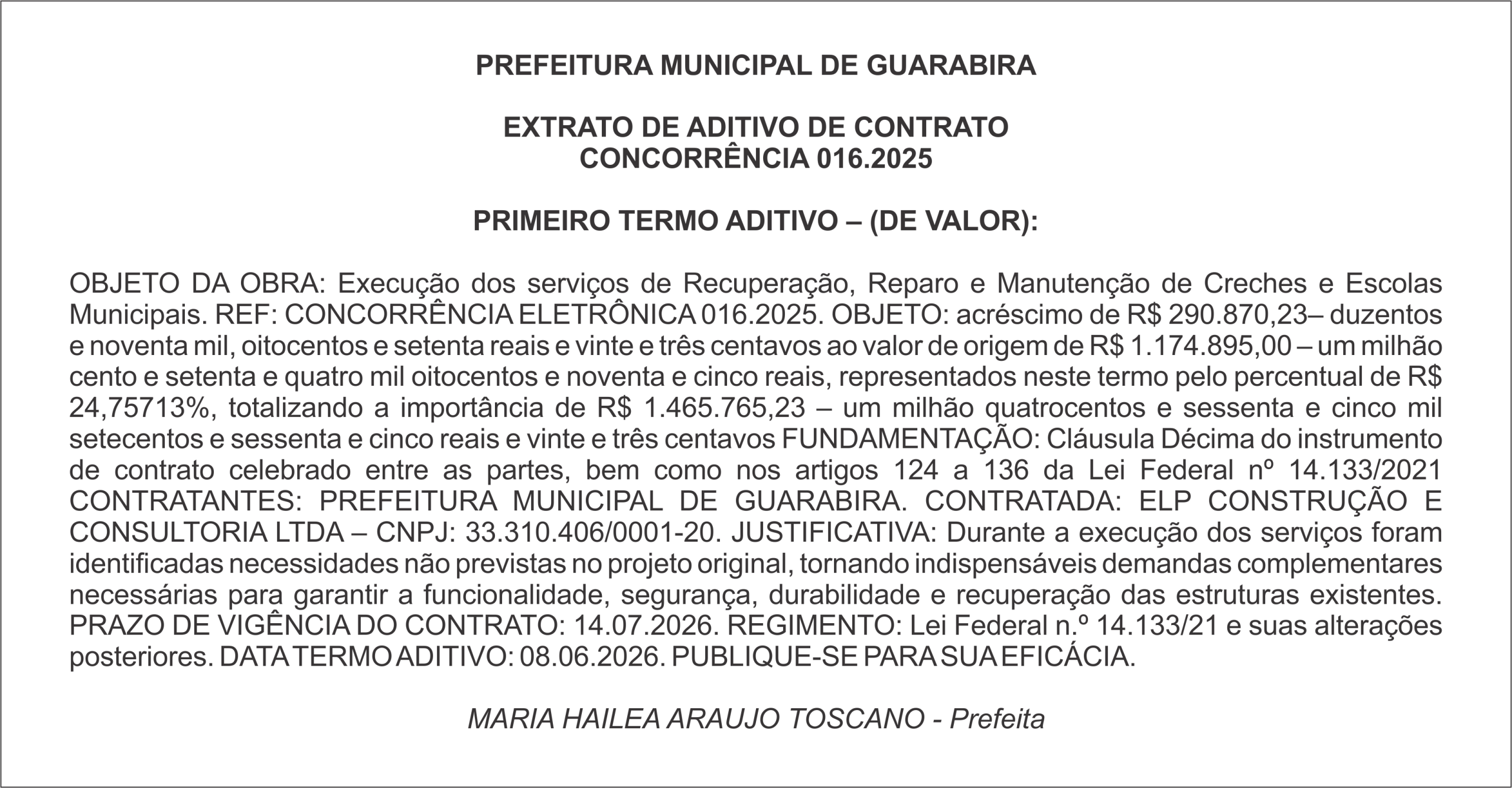 PREFEITURA MUNICIPAL DE GUARABIRA EXTRATO DE ADITIVO DE CONTRATO CONCORRÊNCIA 016.2025