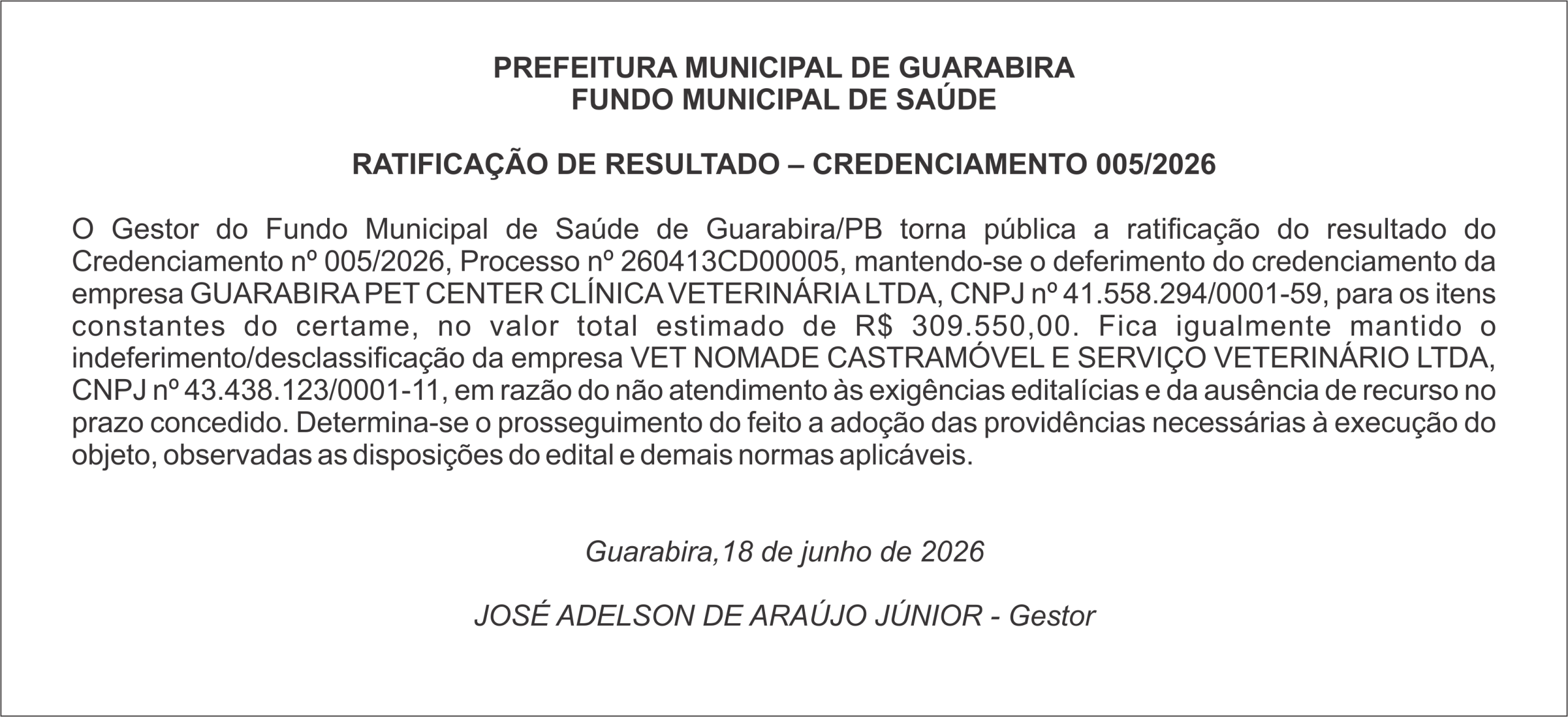 PREFEITURA MUNICIPAL DE GUARABIRA – FUNDO MUNICIPAL DE SAÚDE  RATIFICAÇÃO DE RESULTADO – CREDENCIAMENTO 005/2026