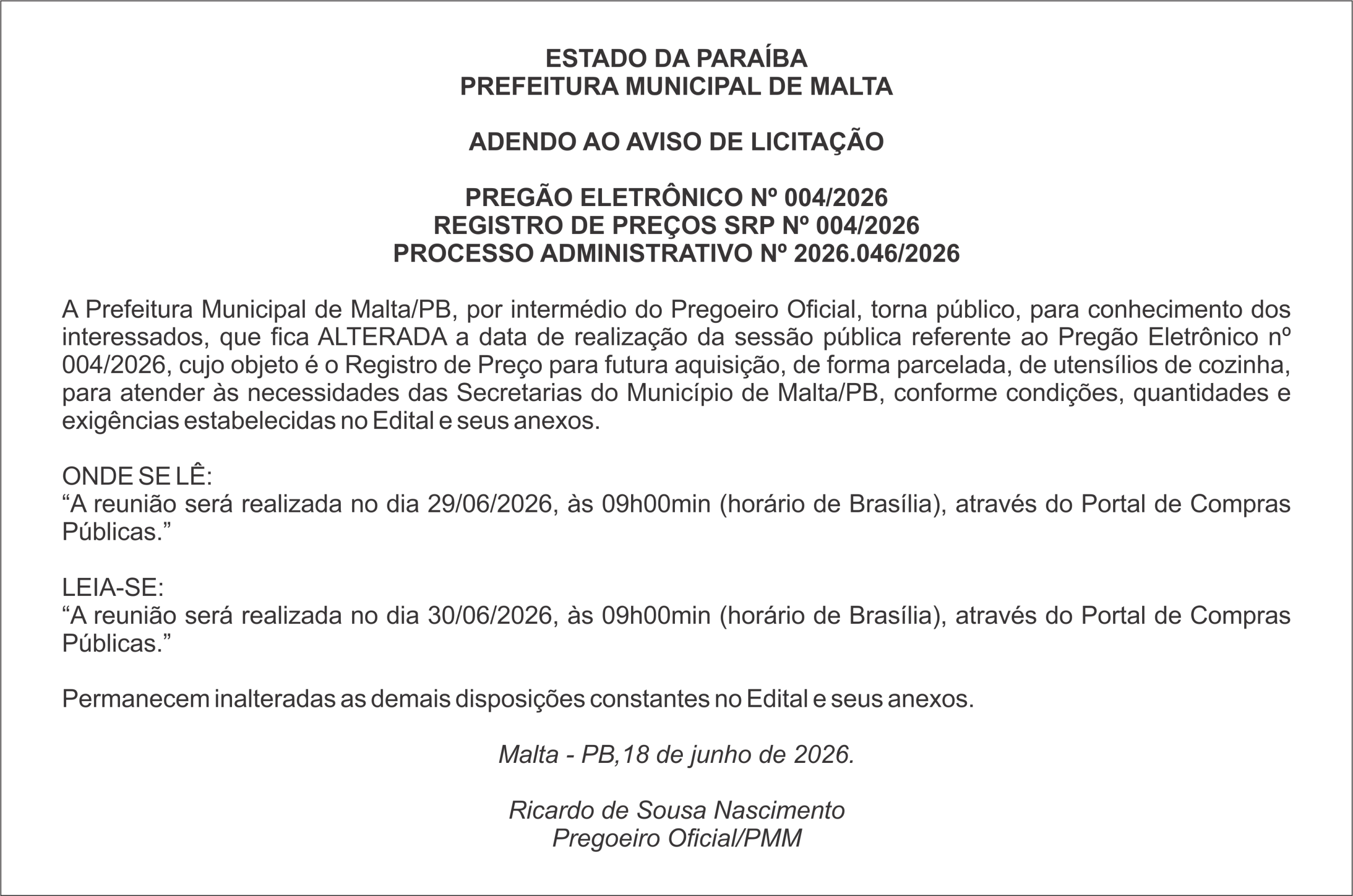 PREFEITURA MUNICIPAL DE MALTA – ADENDO AO AVISO DE LICITAÇÃO – PREGÃO ELETRÔNICO Nº 004/2026