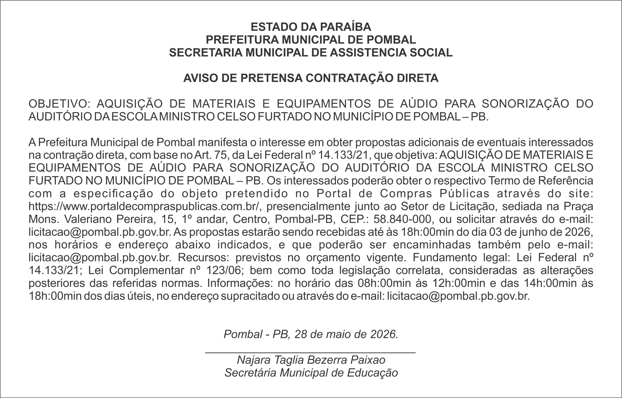 PREFEITURA MUNICIPAL DE POMBAL – AVISO DE PRETENSA CONTRATAÇÃO DIRETA