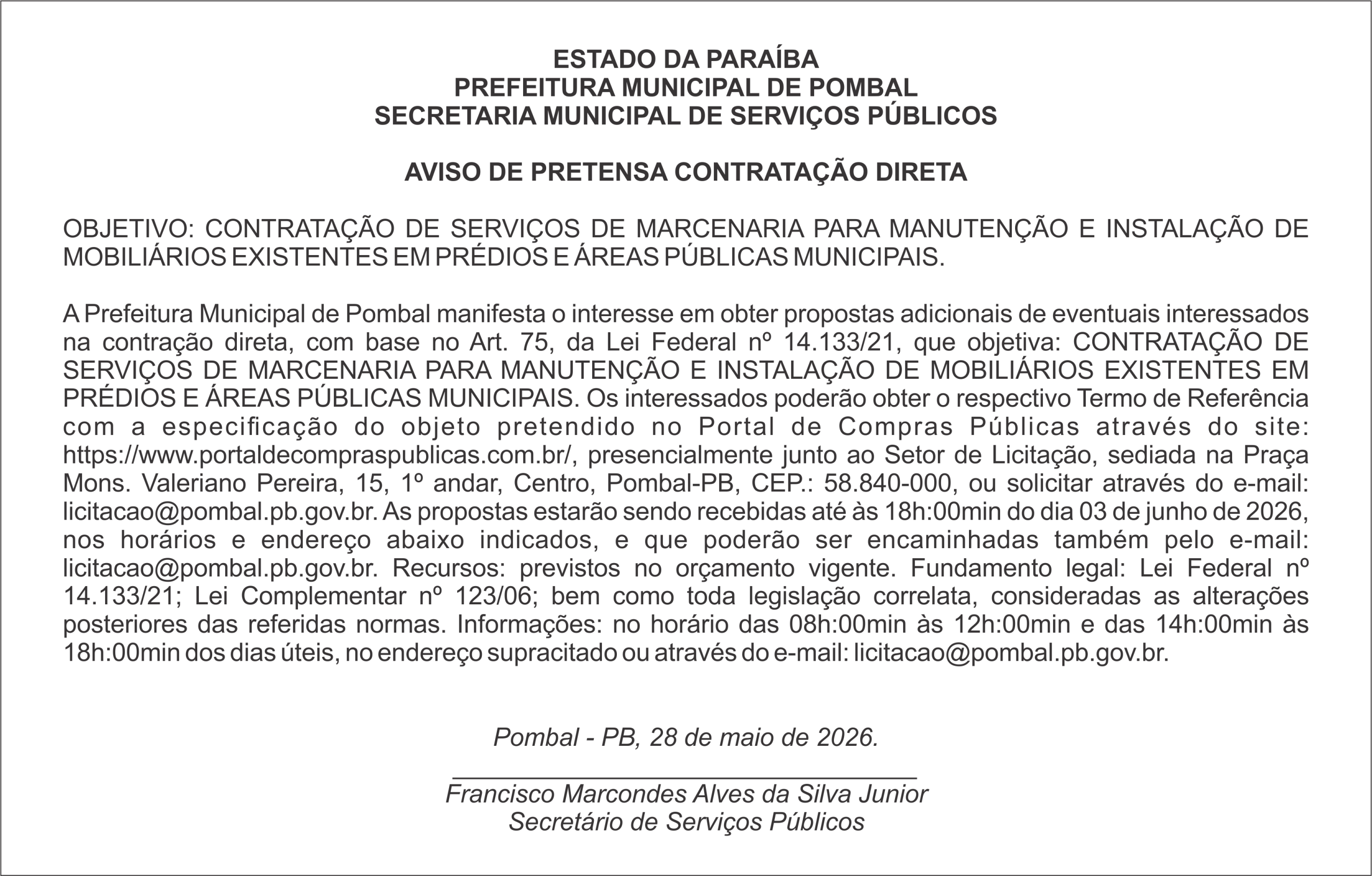 PREFEITURA MUNICIPAL DE POMBAL – AVISO DE PRETENSA CONTRATAÇÃO DIRETA