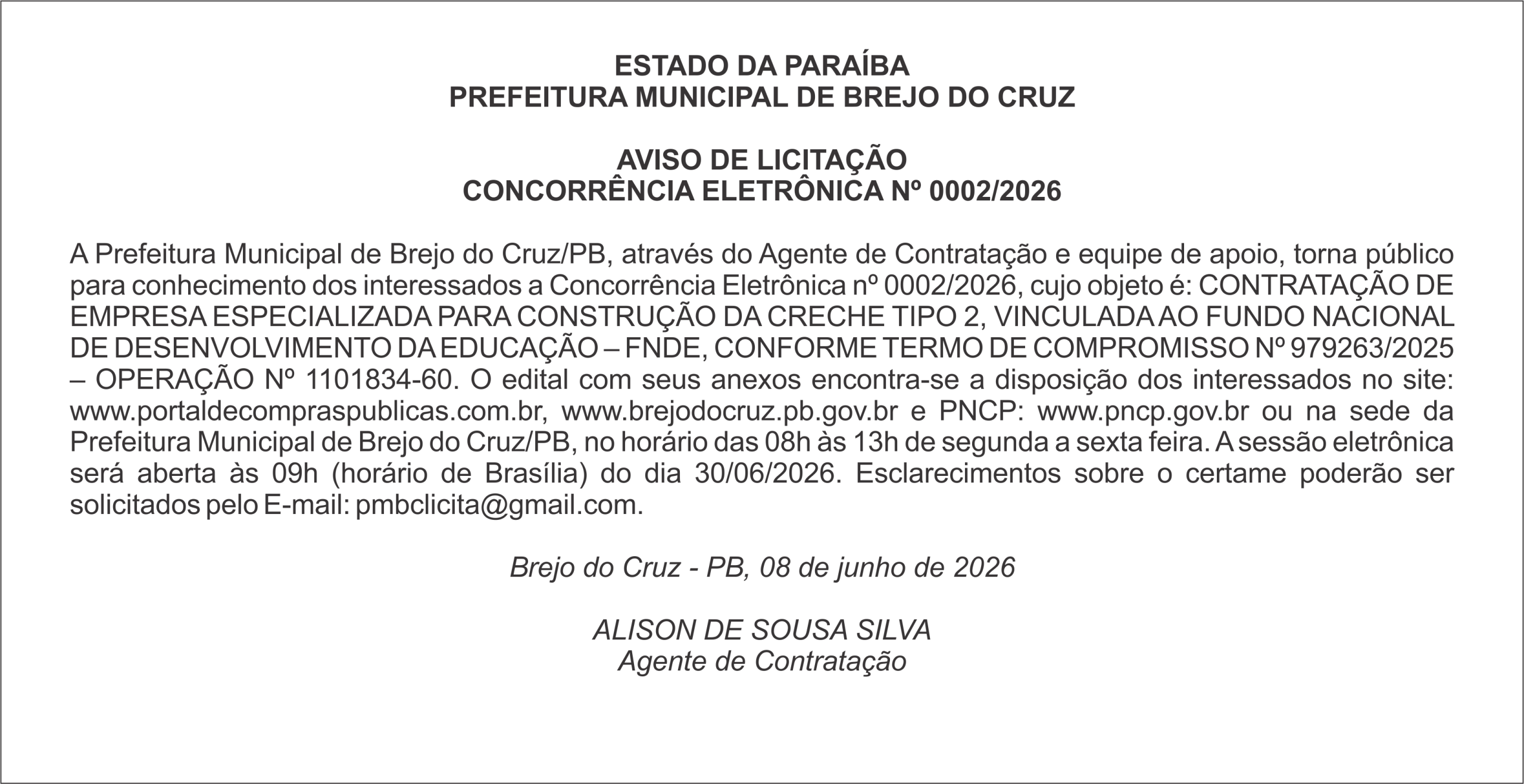 PREFEITURA MUNICIPAL DE BREJO DO CRUZ – AVISO DE LICITAÇÃO CONCORRÊNCIA ELETRÔNICA Nº 0002/2026