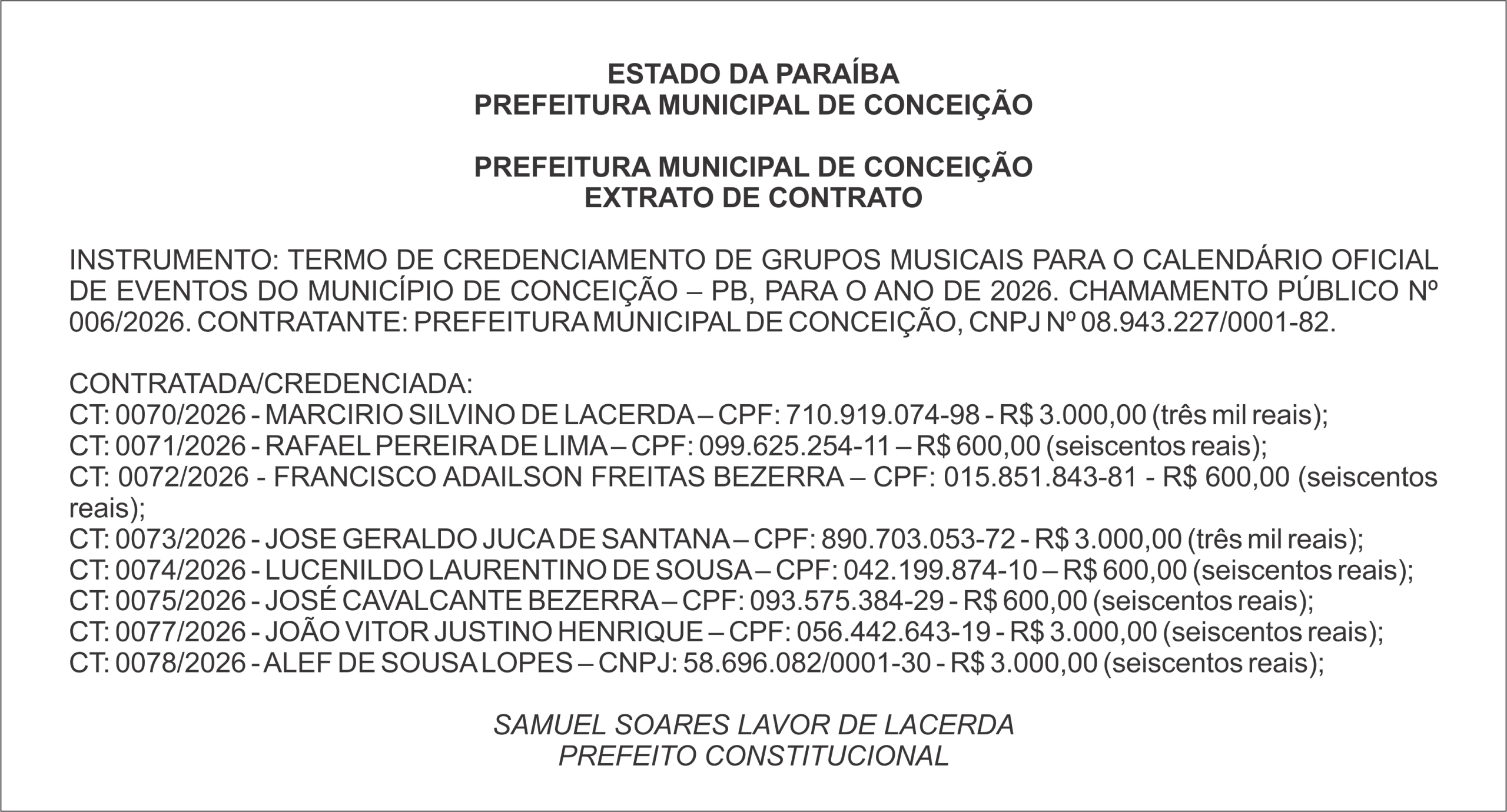 PREFEITURA MUNICIPAL DE CONCEIÇÃO -EXTRATO DE CONTRATO