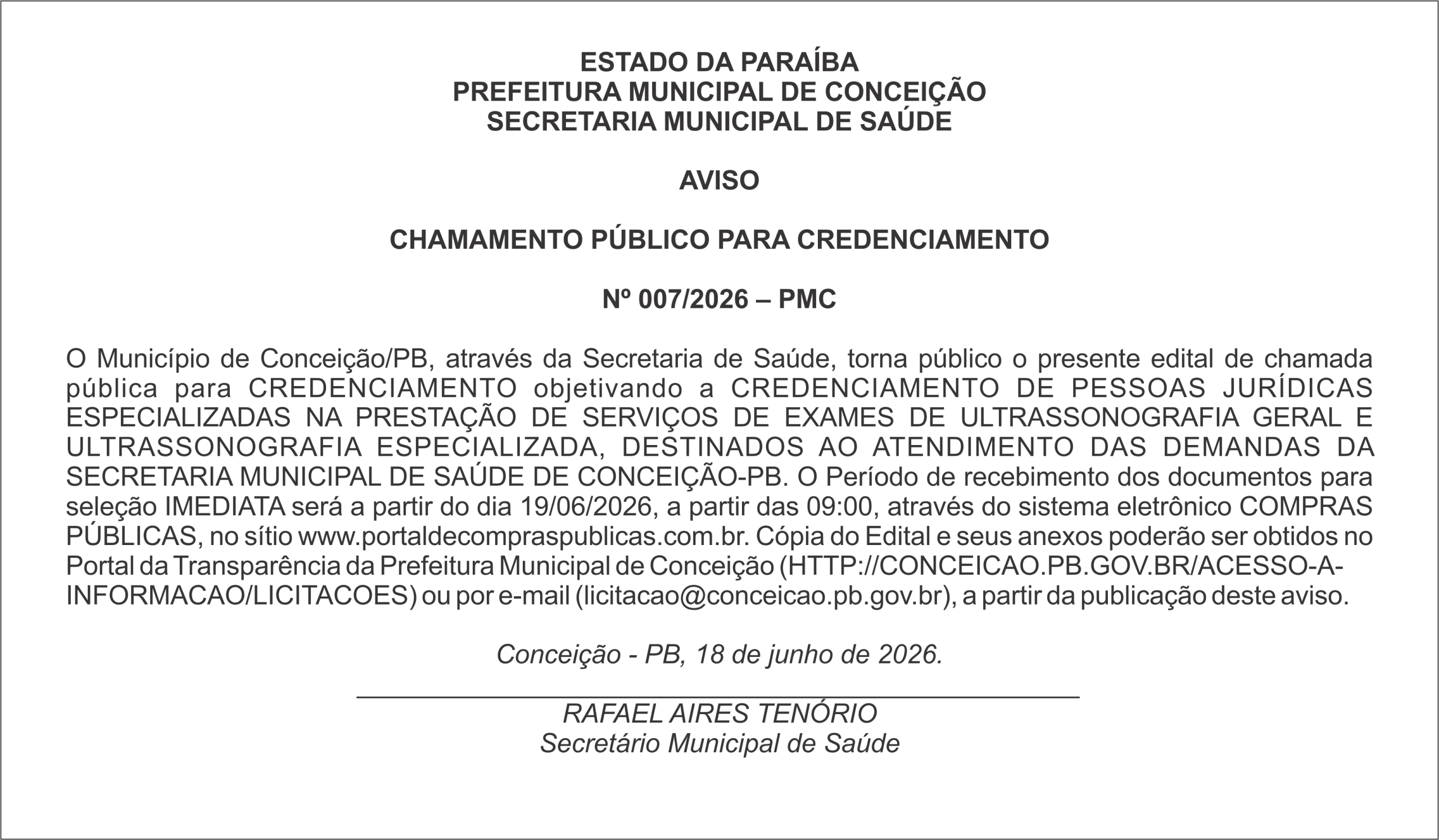 PREFEITURA MUNICIPAL DE CONCEIÇÃO – AVISO  CHAMAMENTO PÚBLICO PARA CREDENCIAMENTO  Nº 007/2026 – PMC