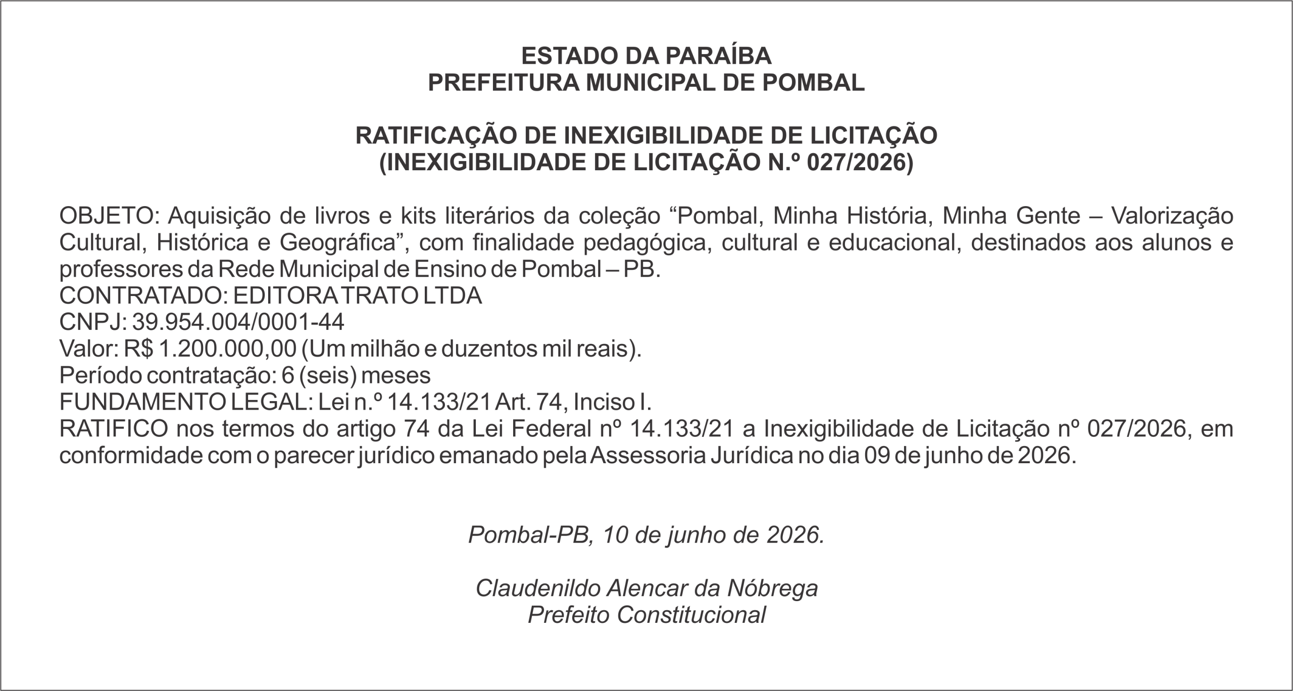 PREFEITURA MUNICIPAL DE POMBAL – RATIFICAÇÃO DE INEXIGIBILIDADE DE LICITAÇÃO