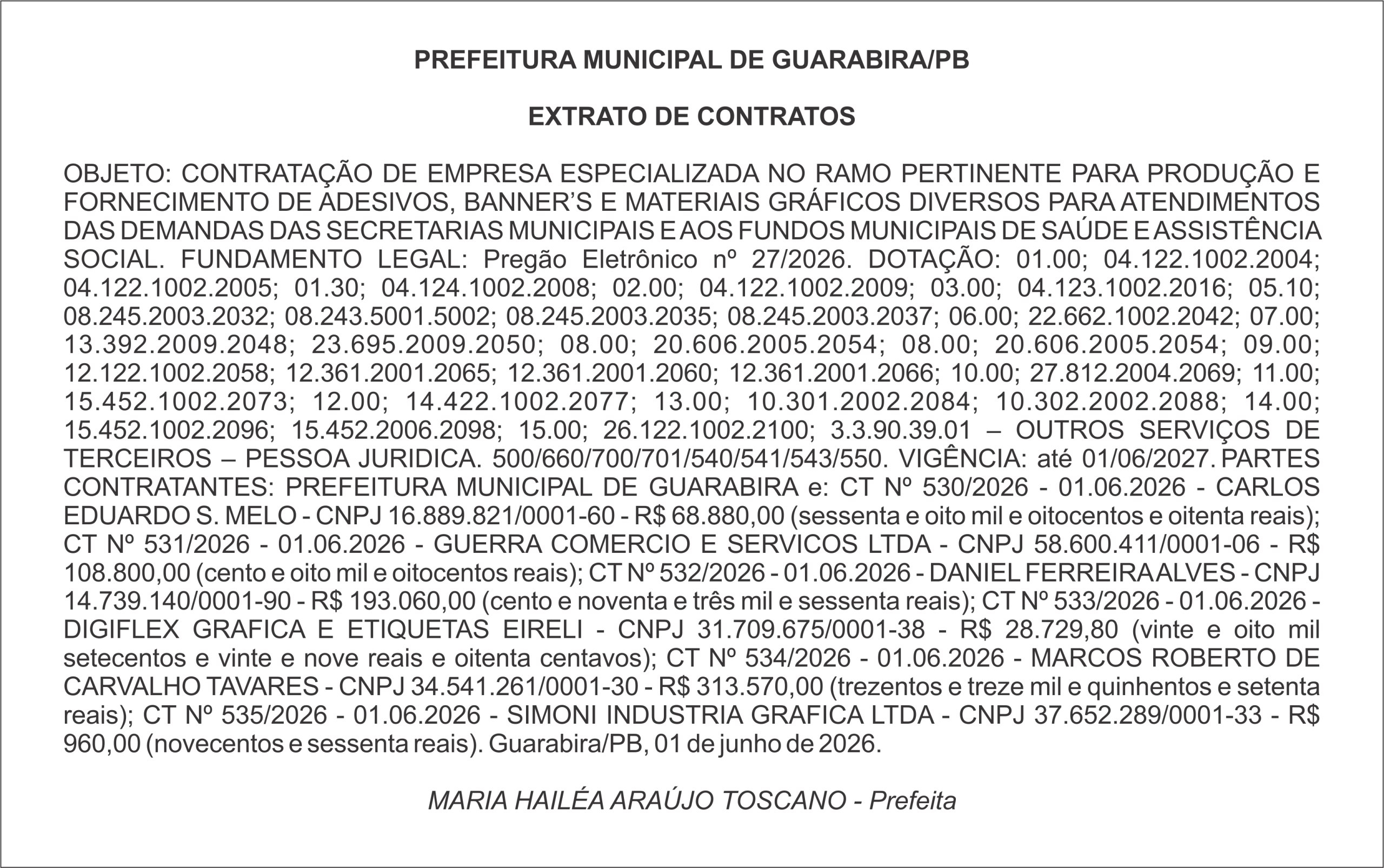 PREFEITURA MUNICIPAL DE GUARABIRA/PB – EXTRATO DE CONTRATOS