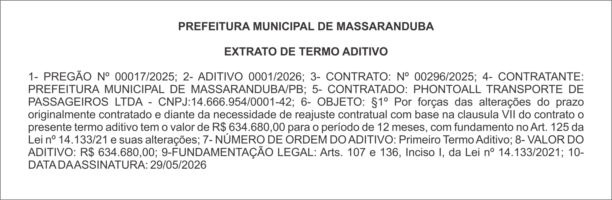 PREFEITURA DE MASSARANDUBA – EXTRATO DE TERMO ADITIVO
