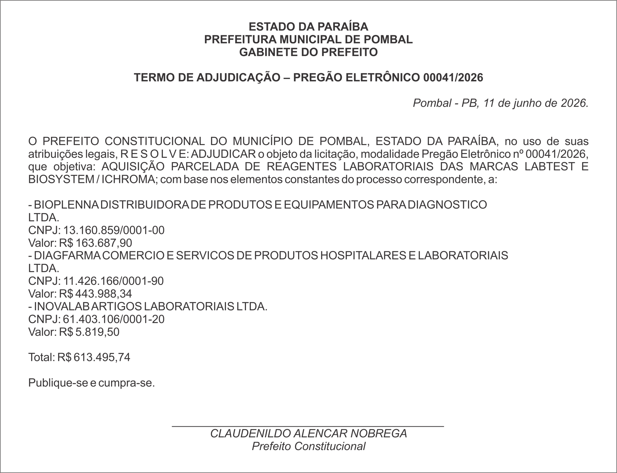 PREFEITURA MUNICIPAL DE POMBAL – TERMO DE ADJUDICAÇÃO – PREGÃO ELETRÔNICO 00041/2026