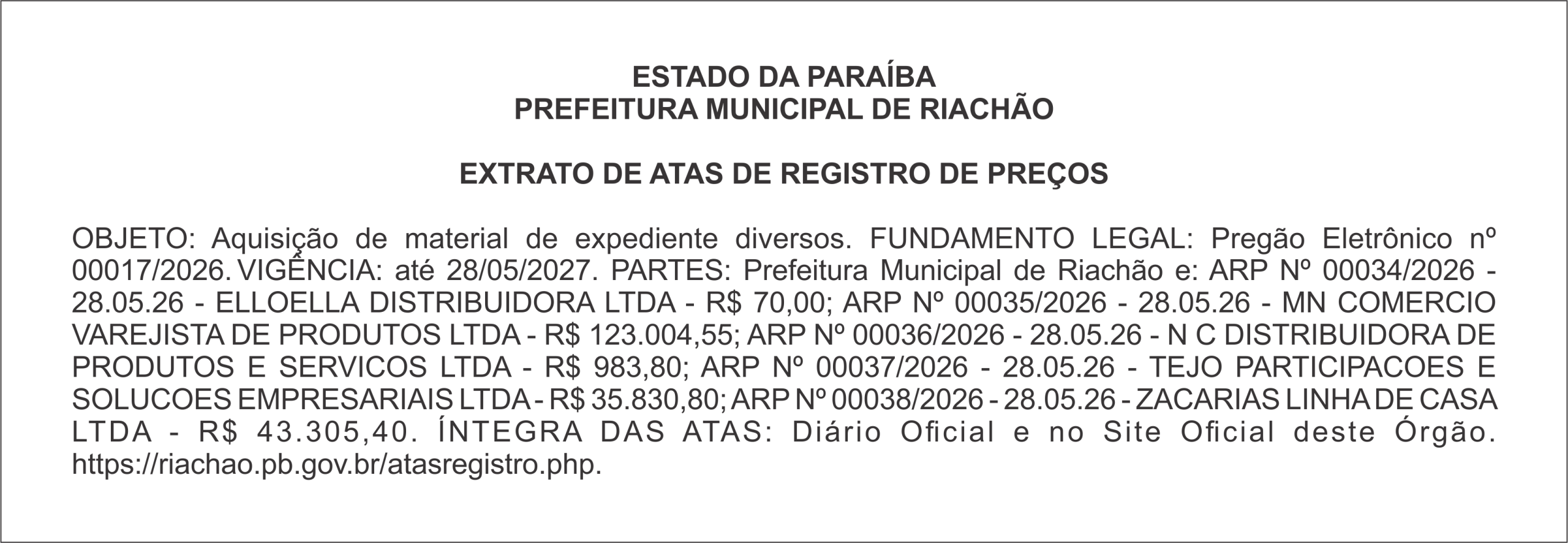 PREFEITURA MUNICIPAL DE RIACHÃO – EXTRATO DE ATAS DE REGISTRO DE PREÇOS