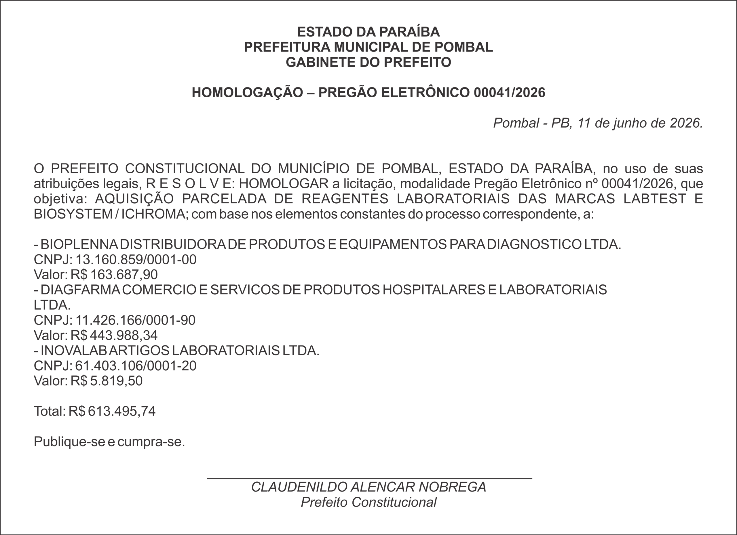 PREFEITURA MUNICIPAL DE POMBAL – HOMOLOGAÇÃO