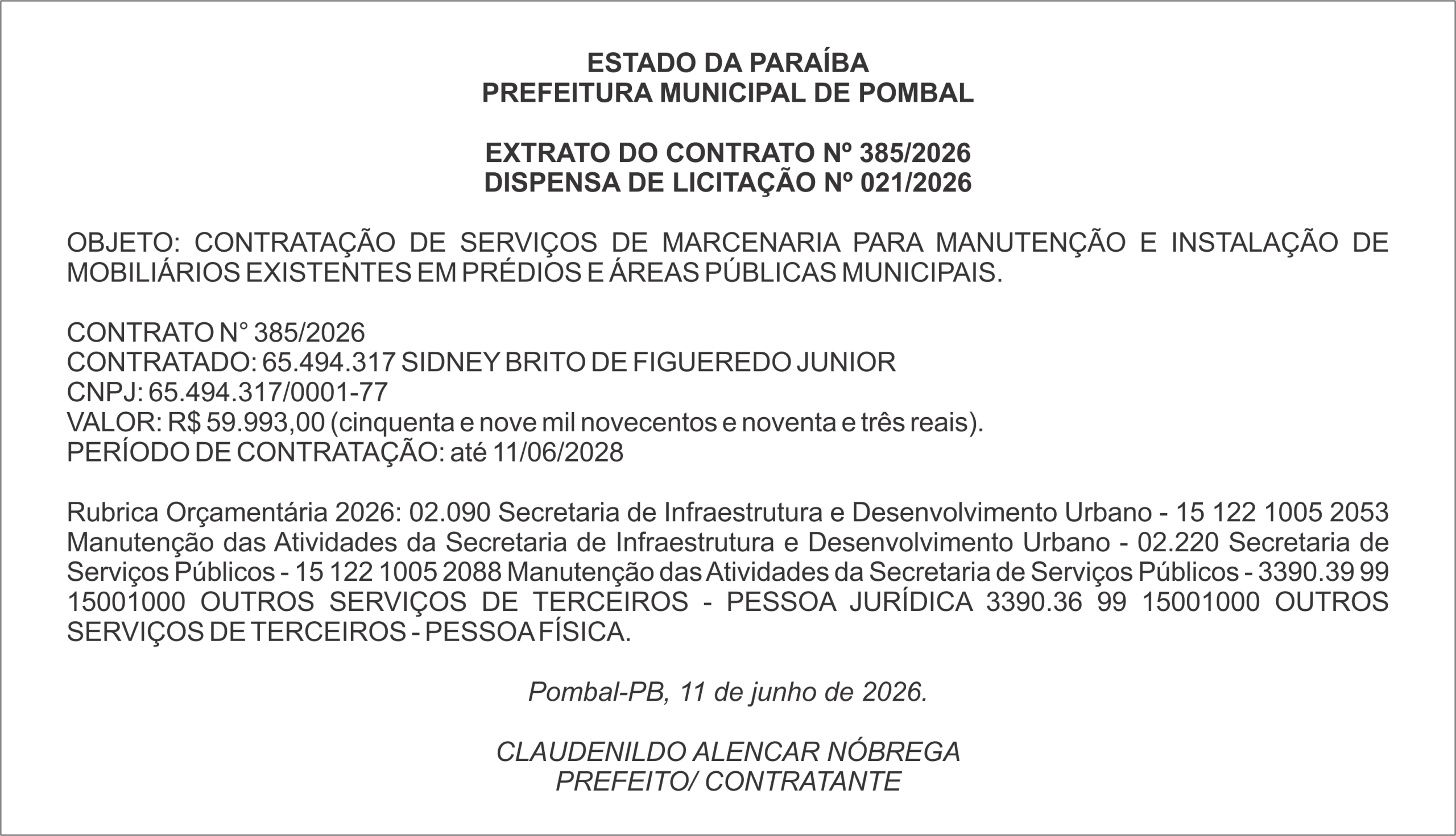 PREFEITURA MUNICIPAL DE POMBAL – EXTRATO DO CONTRATO Nº 385/2026