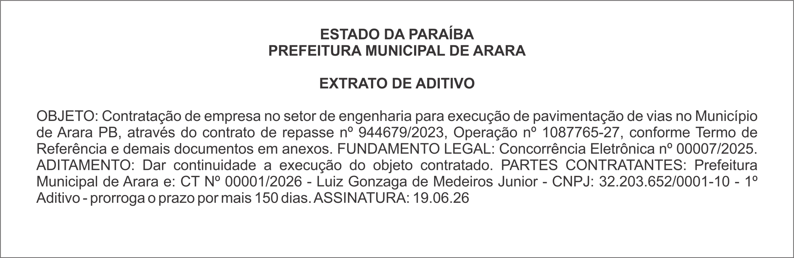 PREFEITURA MUNICIPAL DE ARARA  – EXTRATO DE ADITIVO