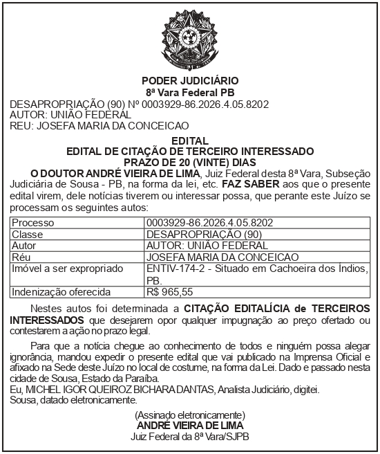 SECRETARIA NACIONAL DE SEGURANÇA HIDRICA – SNSH – MDR – DF – BRASÍLIA – Edital de Citação de Terceiro Interessado – ENTIV- 174 -2 (JOSEFA MARIA DA CONCEIÇÃO)