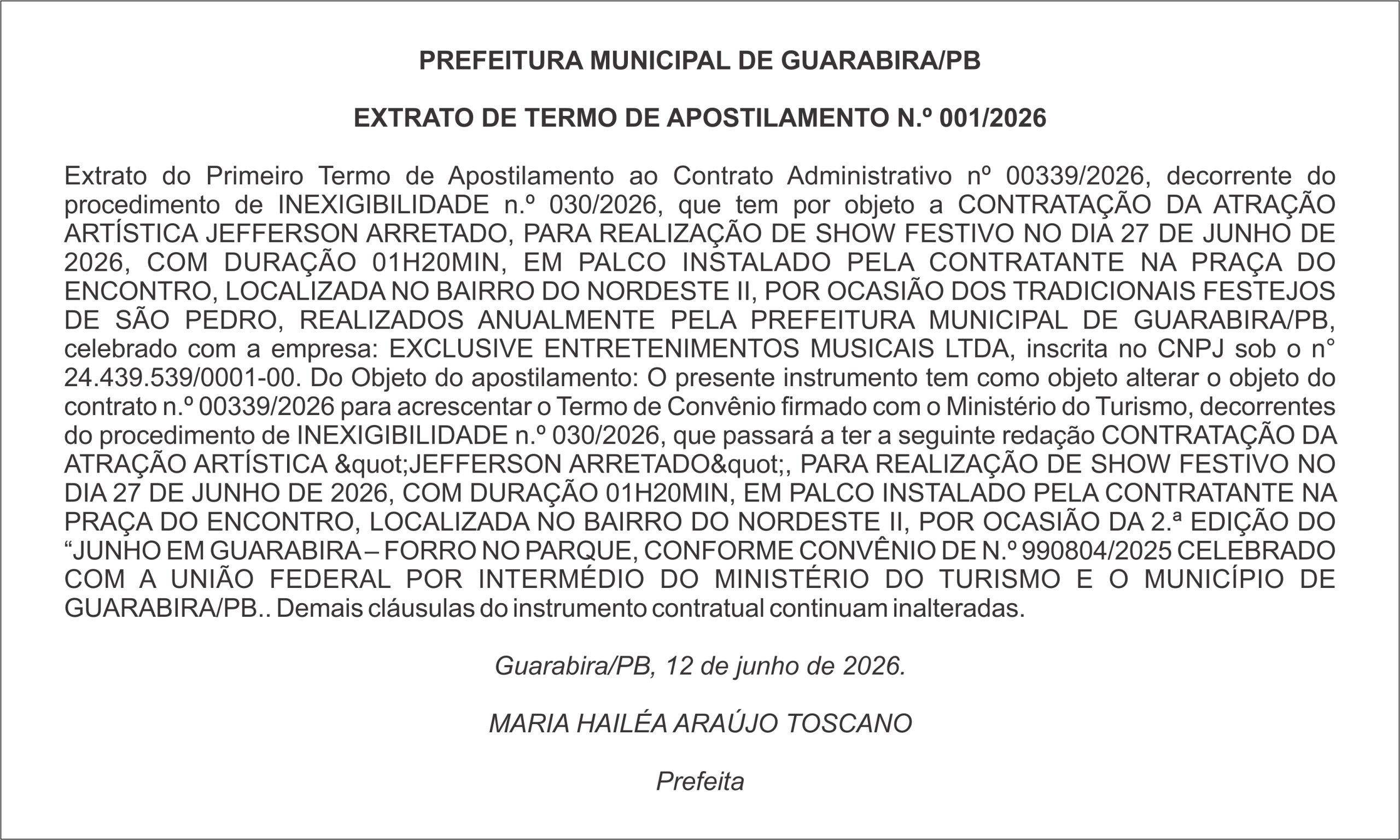 PREFEITURA MUNICIPAL DE GUARABIRA/PB EXTRATO DE TERMO DE APOSTILAMENTO N.º 001/2026