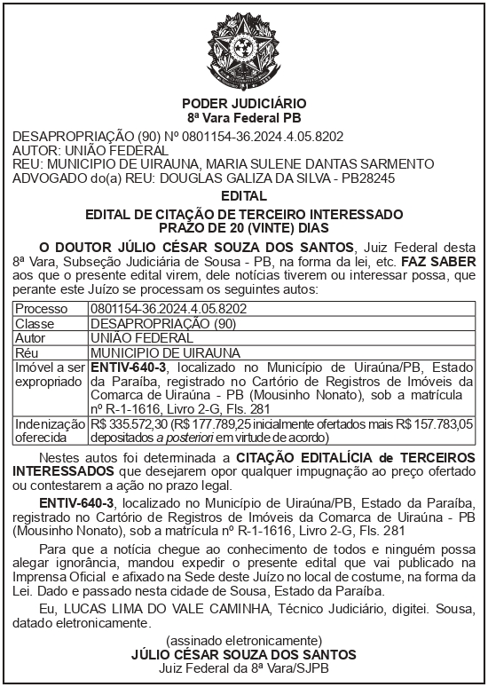 SECRETARIA NACIONAL DE SEGURANÇA HIDRICA – SNSH – MDR – DF – BRASÍLIA – Edital de Citação de Terceiro Interessado – ENTIV- 640-3 (PREFEITURA MUNICIPAL DE UIRAÚNA)
