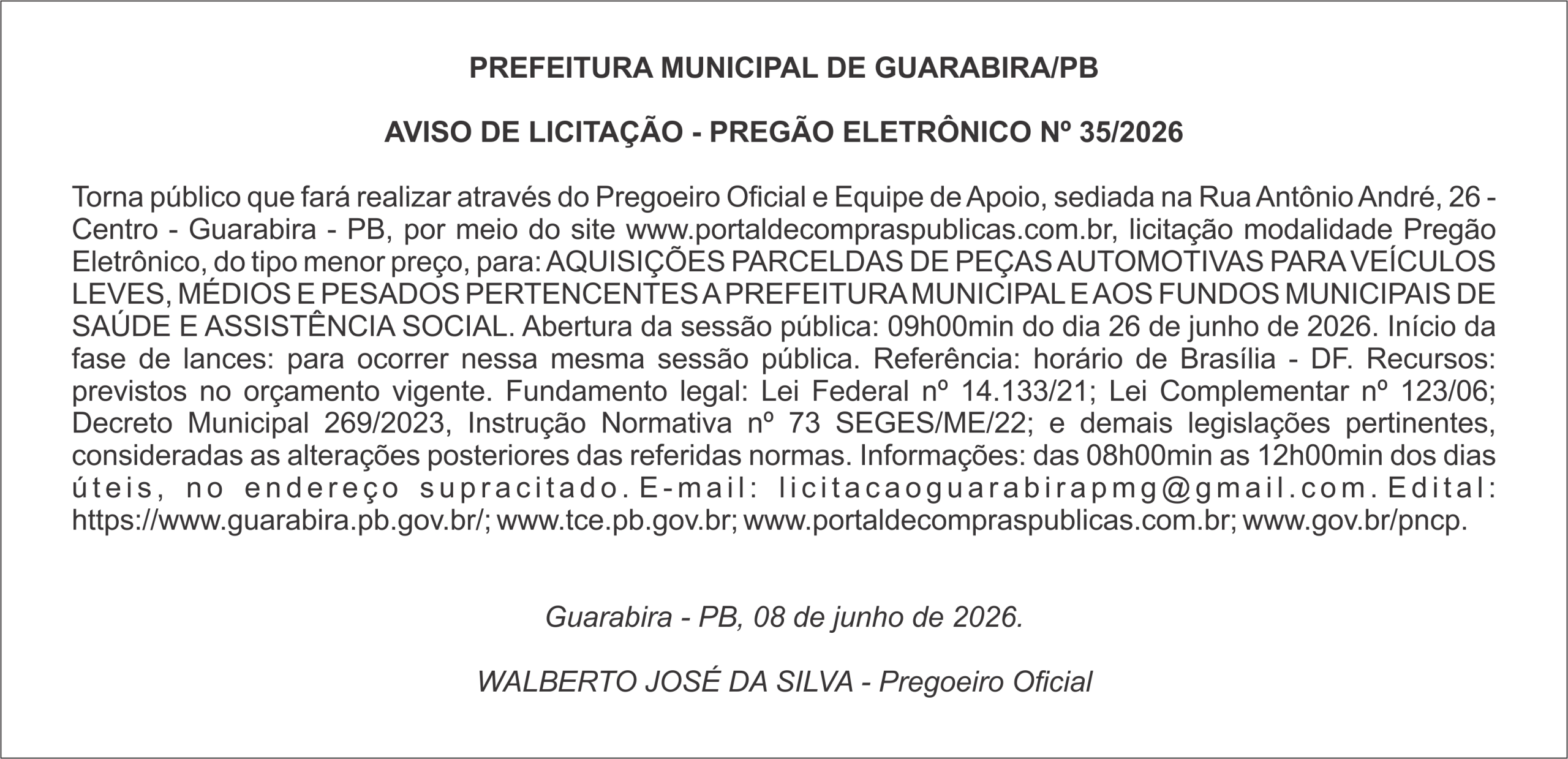 PREFEITURA MUNICIPAL DE GUARABIRA/PB  AVISO DE LICITAÇÃO – PREGÃO ELETRÔNICO Nº 35/2026