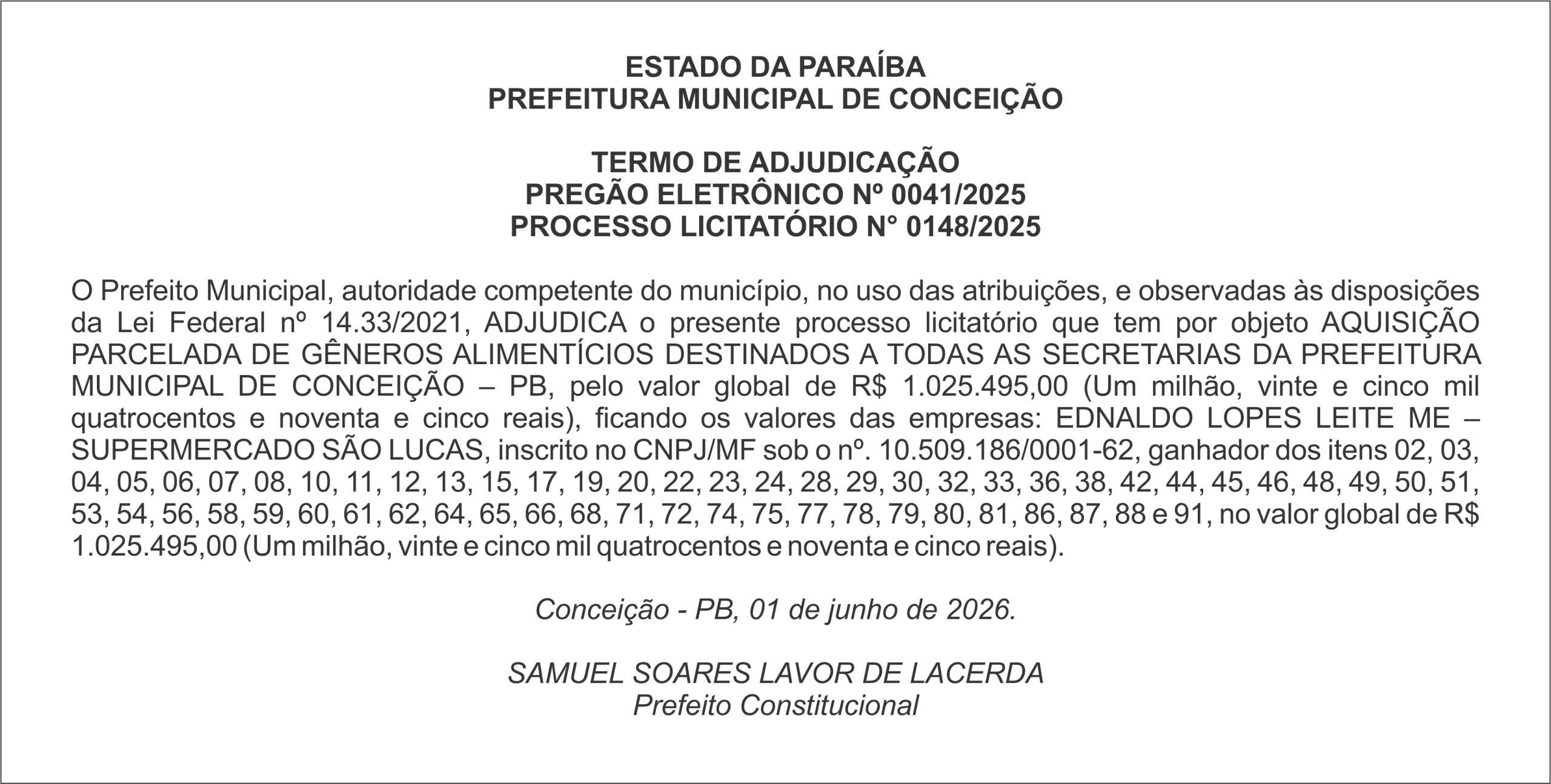 PREFEITURA MUNICIPAL DE CONCEIÇÃO – TERMO DE ADJUDICAÇÃO