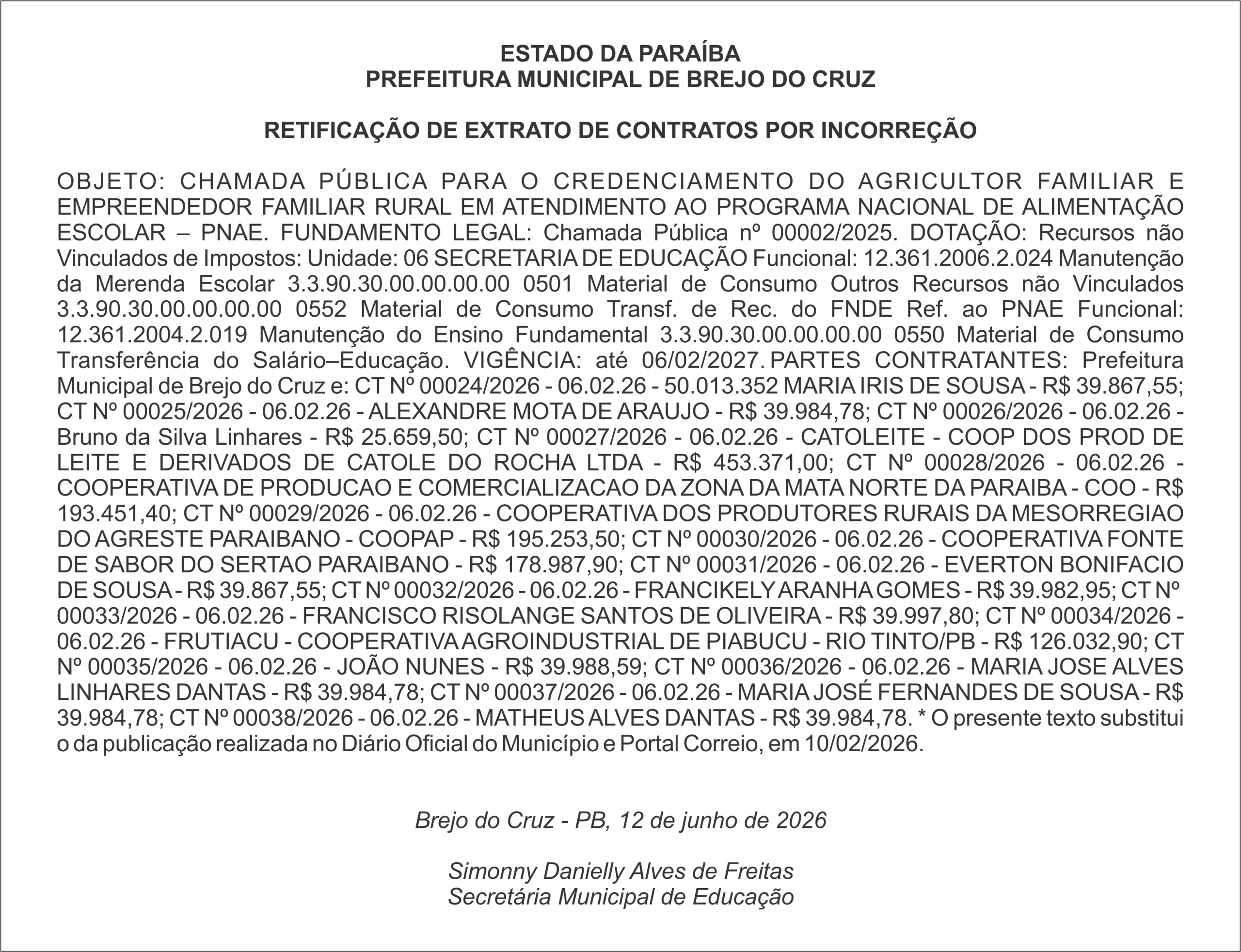 PREFEITURA MUNICIPAL DE BREJO DO CRUZ – RETIFICAÇÃO DE EXTRATO DE CONTRATOS POR INCORREÇÃO