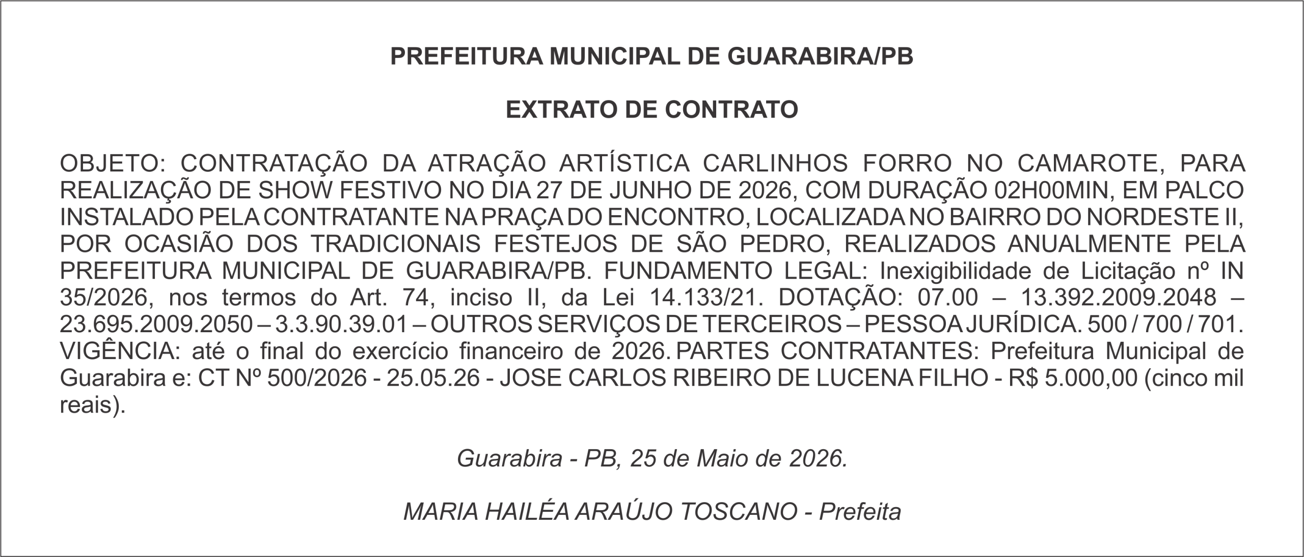 PREFEITURA MUNICIPAL DE GUARABIRA/PB EXTRATO DE CONTRATO