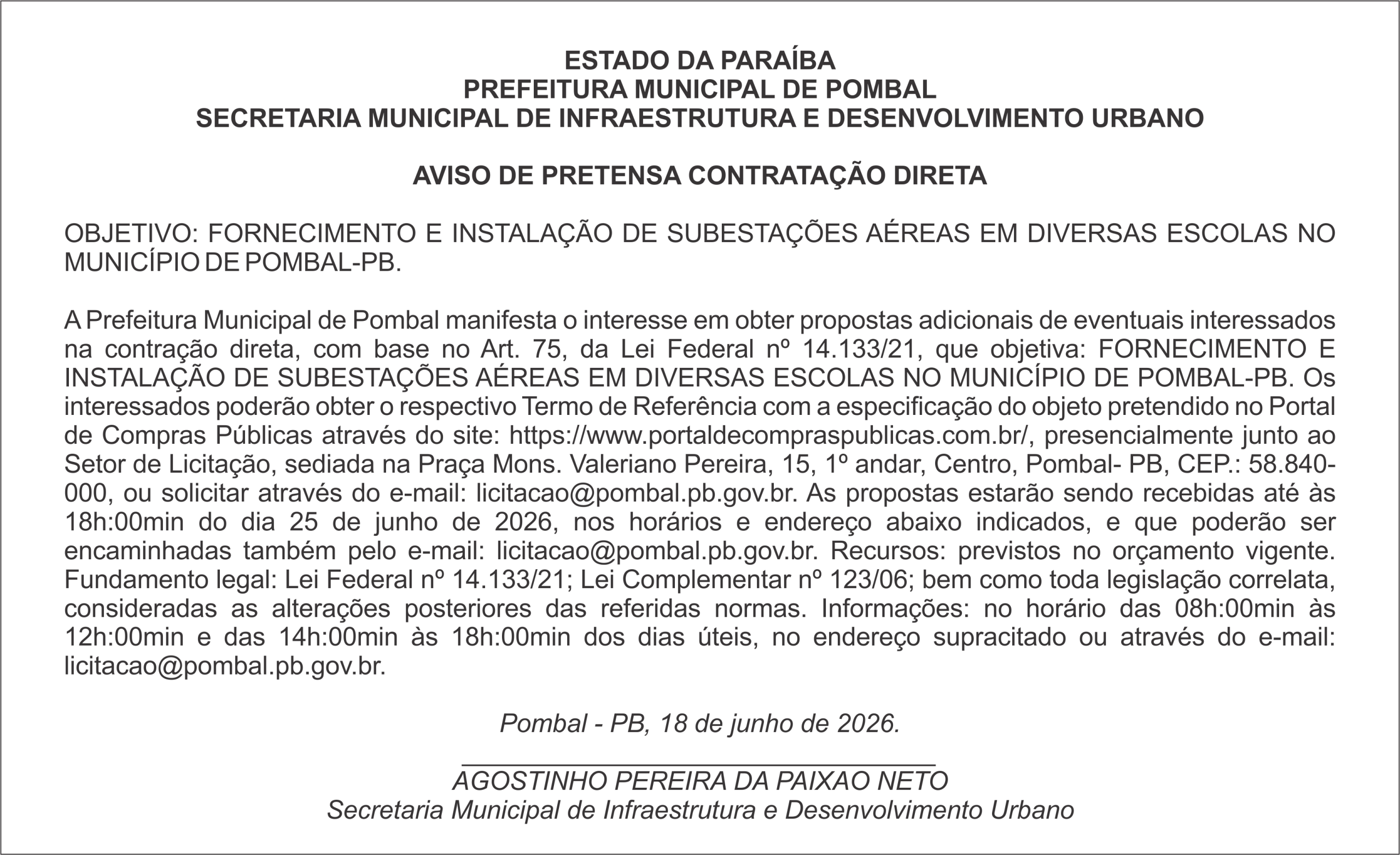 PREFEITURA MUNICIPAL DE POMBAL  – AVISO DE PRETENSA CONTRATAÇÃO DIRETA
