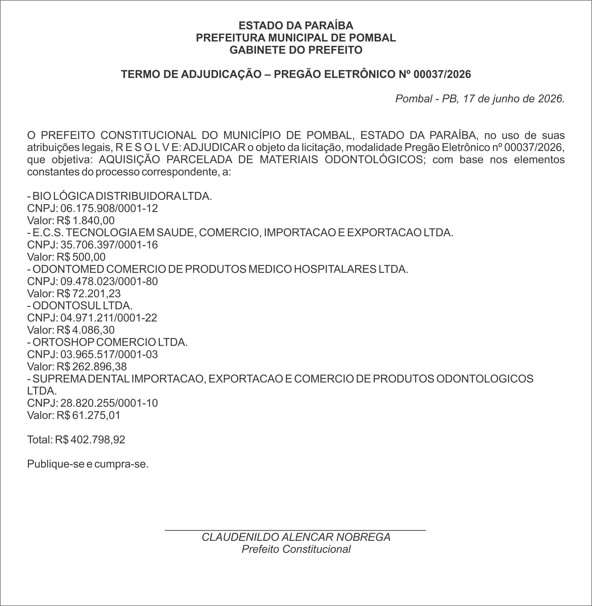 PREFEITURA MUNICIPAL DE POMBAL – TERMO DE ADJUDICAÇÃO PREGÃO ELETRÔNICO Nº 037/2026