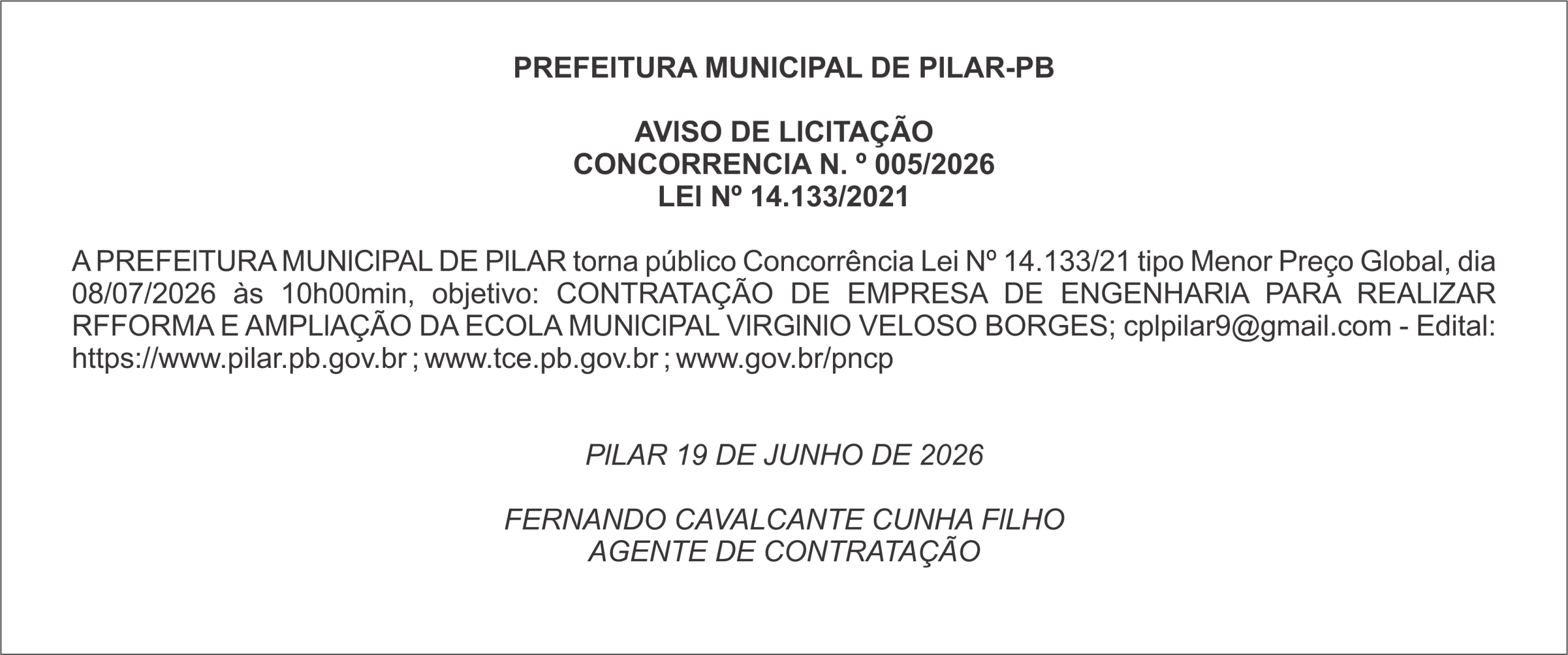 PREFElTURA MUNlClPAL DE PlLAR-PB – AVlSO DE LlClTAÇÃO CONCORRENClA N. º 005/2026
