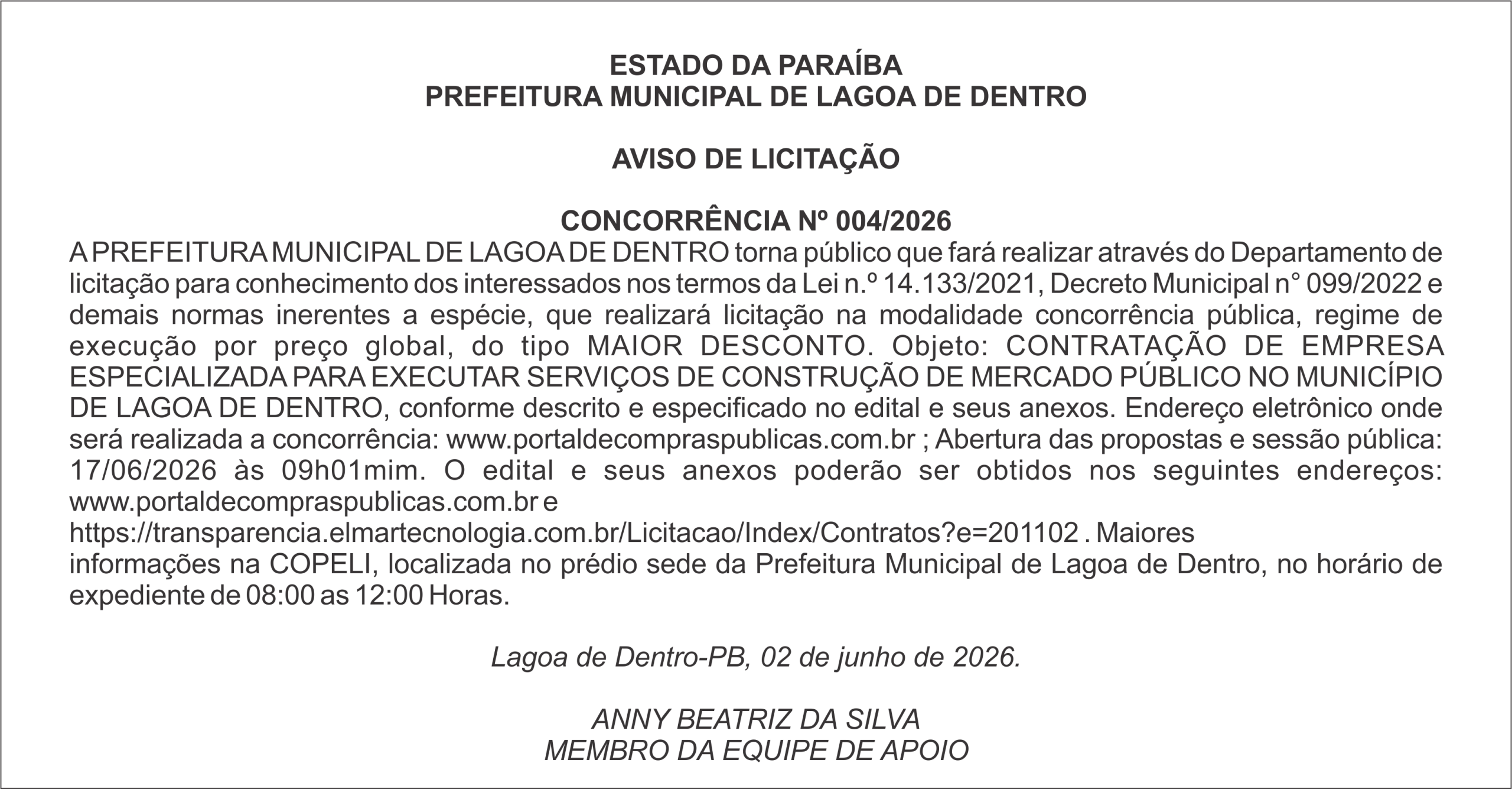 PREFEITURA MUNICIPAL DE LAGOA DE DENTRO – AVISO DE LICITAÇÃO – CONCORRÊNCIA Nº 004/2026