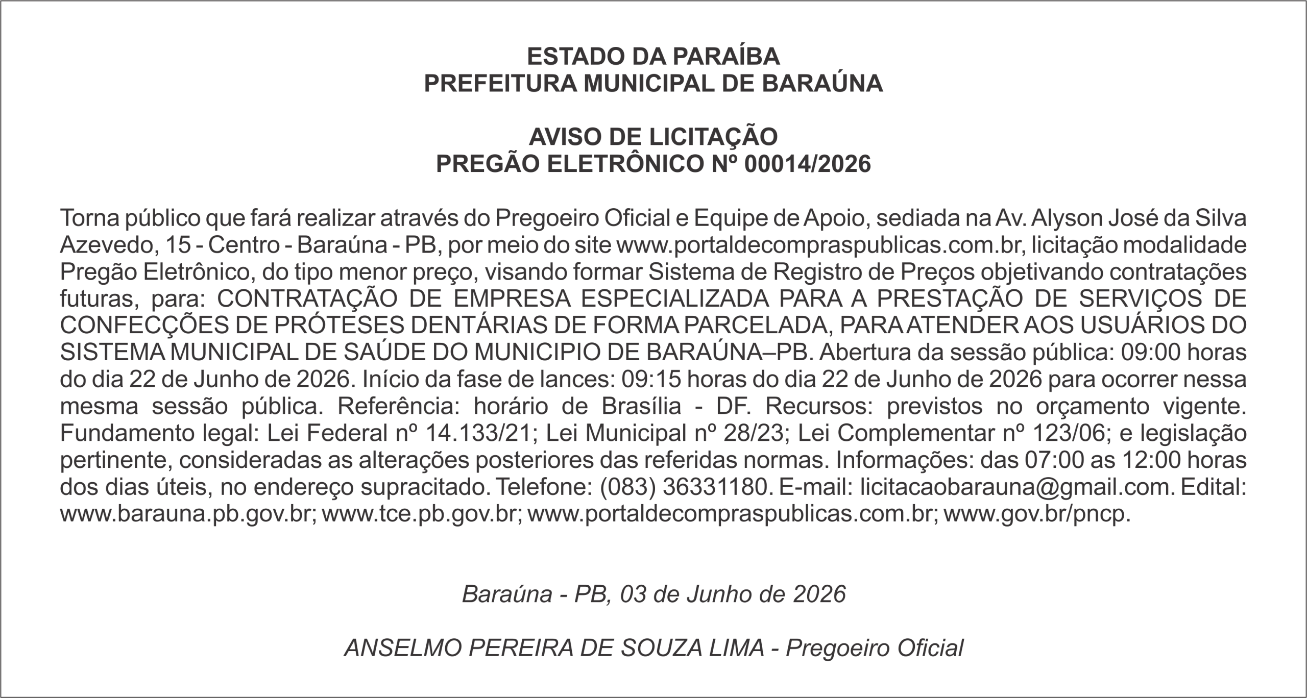 PREFEITURA MUNICIPAL DE BARAÚNA – AVISO DE LICITAÇÃO PREGÃO ELETRÔNICO Nº 00014/2026