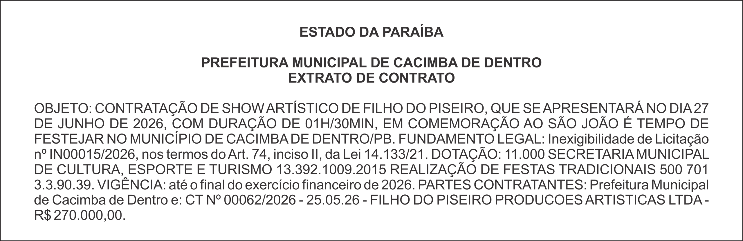 PREFEITURA MUNICIPAL DE CACIMBA DE DENTRO EXTRATO DE CONTRATO
