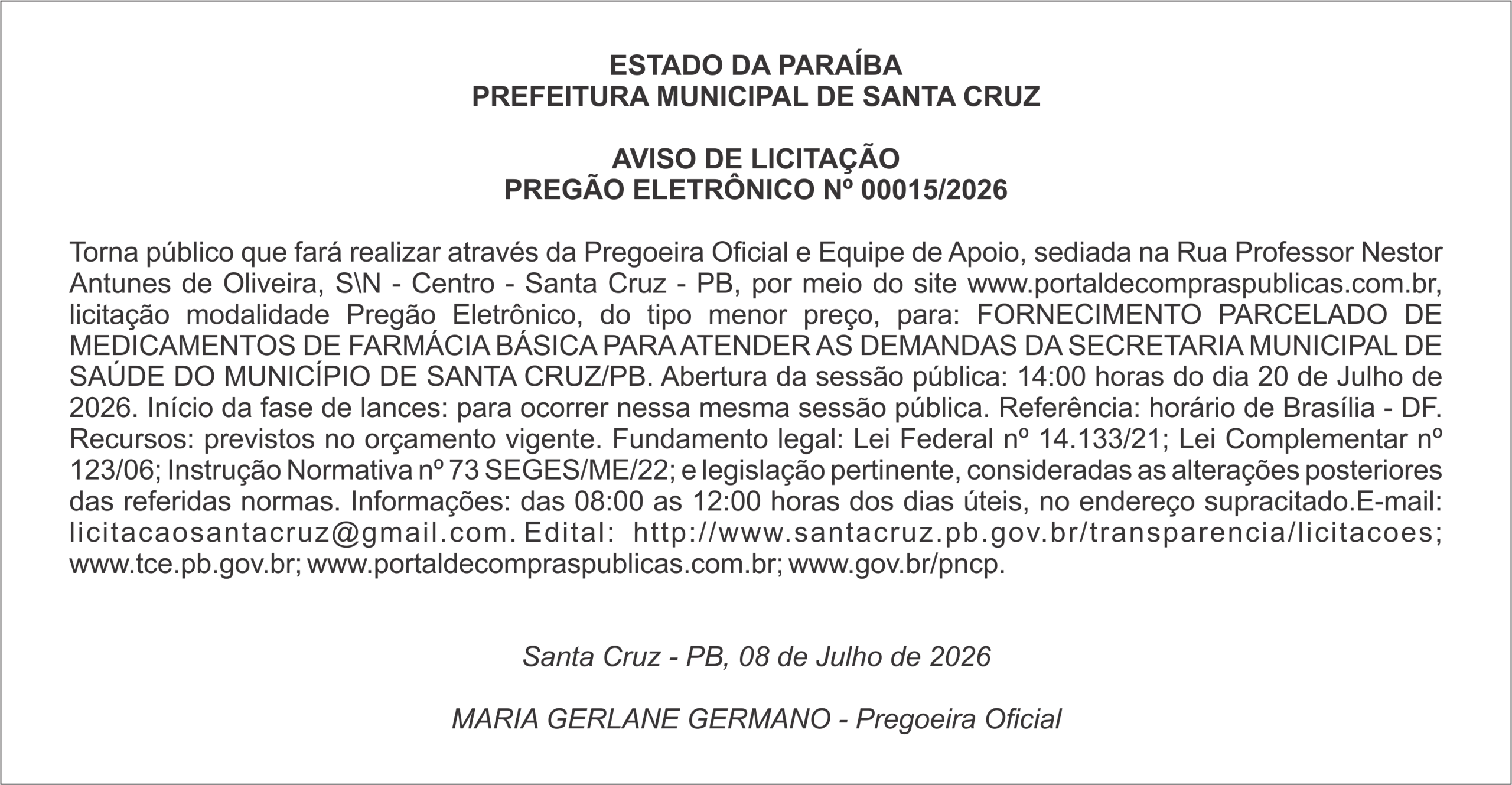 PREFEITURA MUNICIPAL DE SANTA CRUZ – AVISO DE LICITAÇÃO – PREGÃO ELETRÔNICO Nº 00015/2026