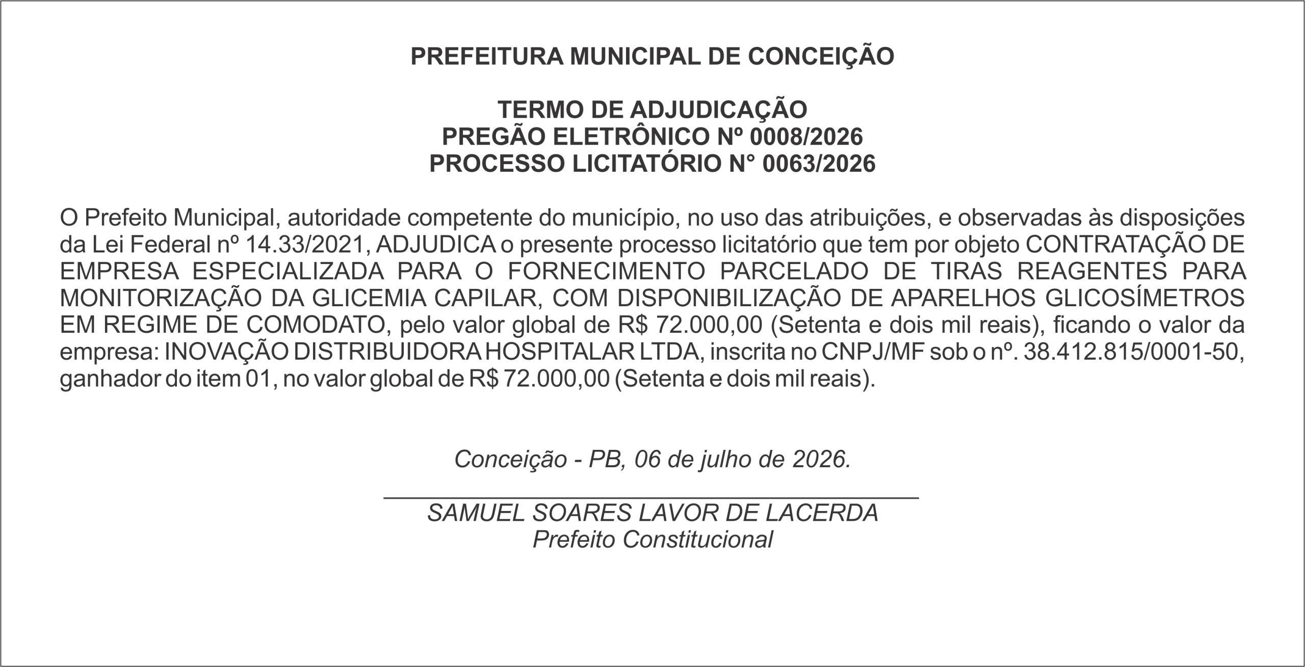 PREFEITURA MUNICIPAL DE CONCEIÇÃO – TERMO DE ADJUDICAÇÃO – PREGÃO ELETRÔNICO Nº 0008/2026