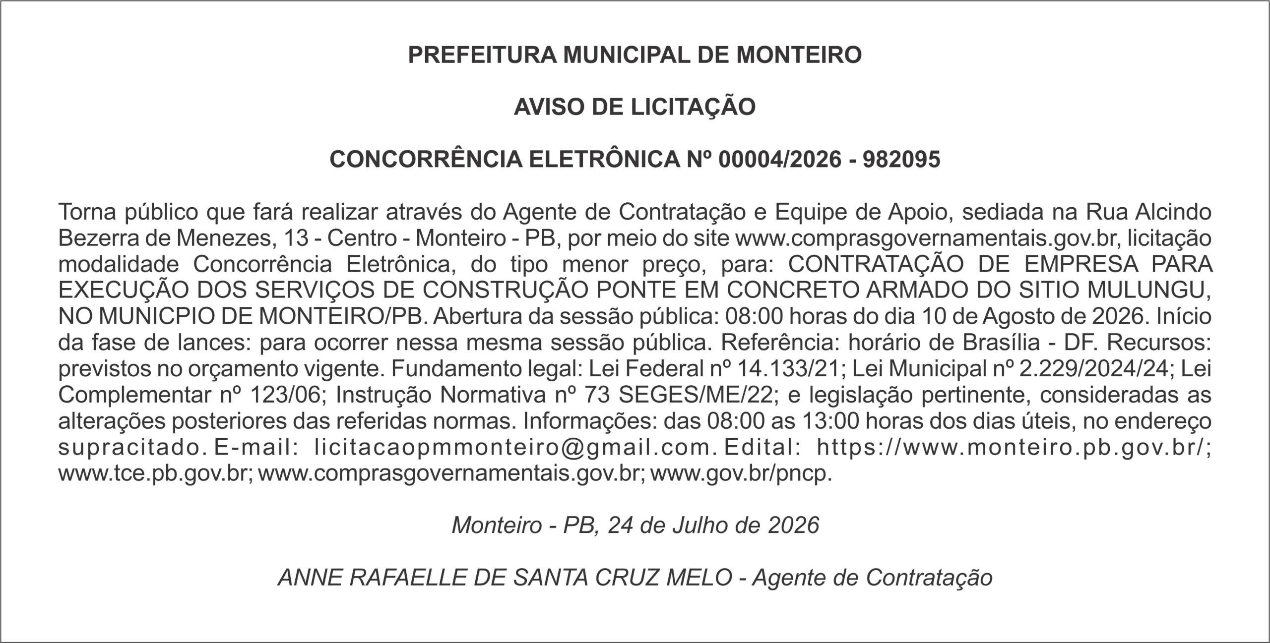 PREFEITURA MUNICIPAL DE MONTEIRO – AVISO DE LICITAÇÃO  CONCORRÊNCIA ELETRÔNICA Nº 00004/2026 – 982095