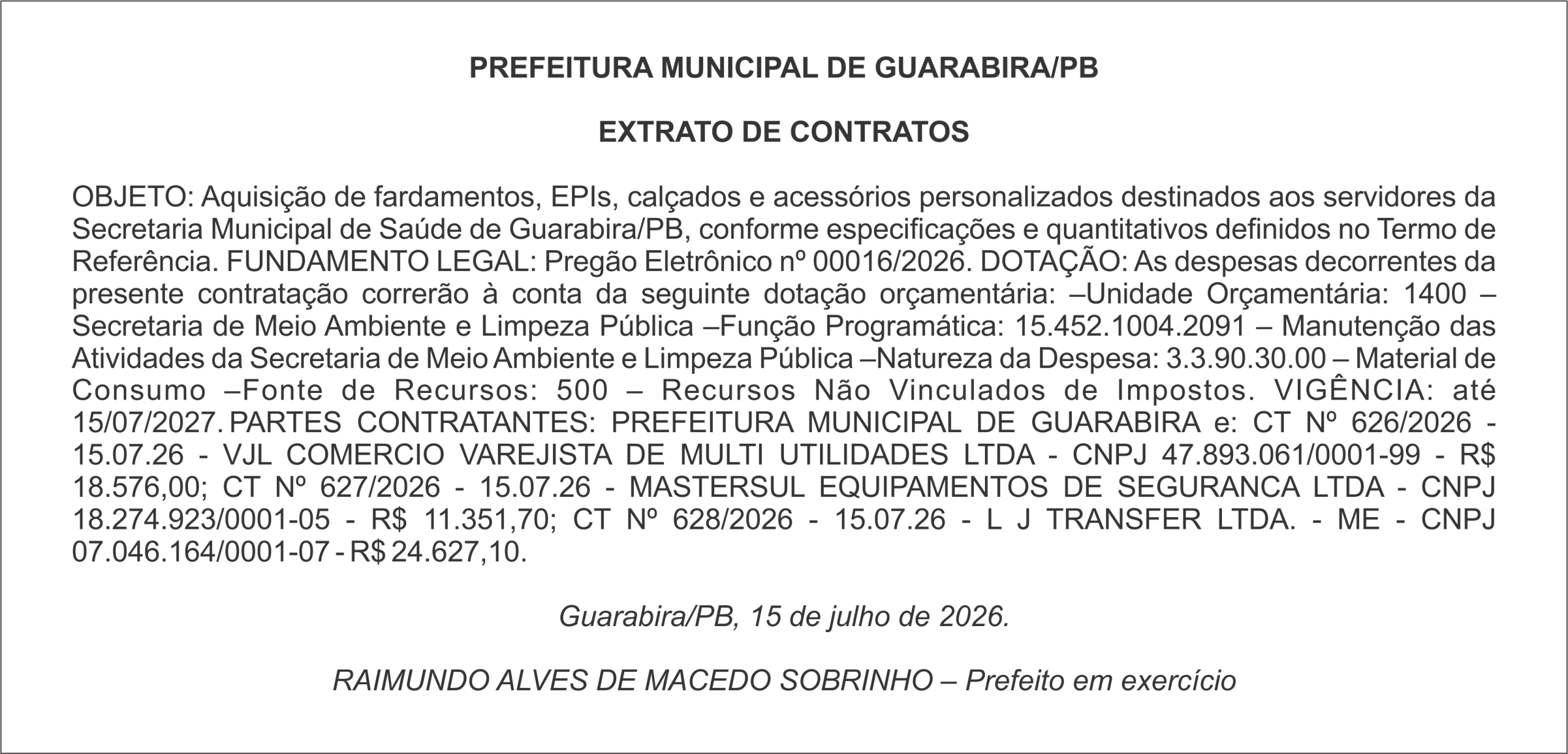 PREFEITURA MUNICIPAL DE GUARABIRA/PB – EXTRATO DE CONTRATOS