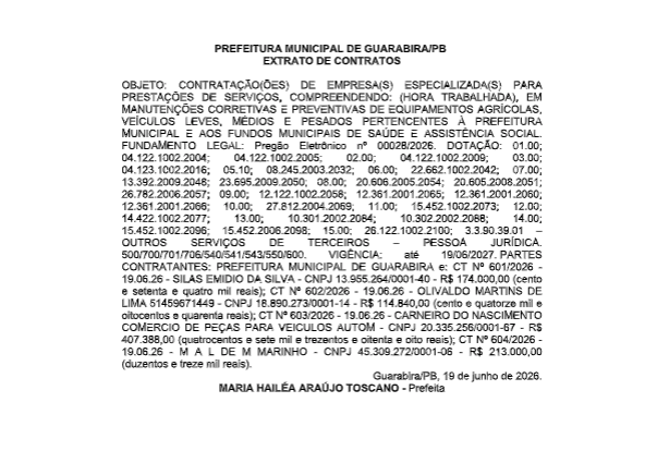 PREFEITURA MUNICIPAL DE GUARABIRA/PB  EXTRATO DE CONTRATOS
