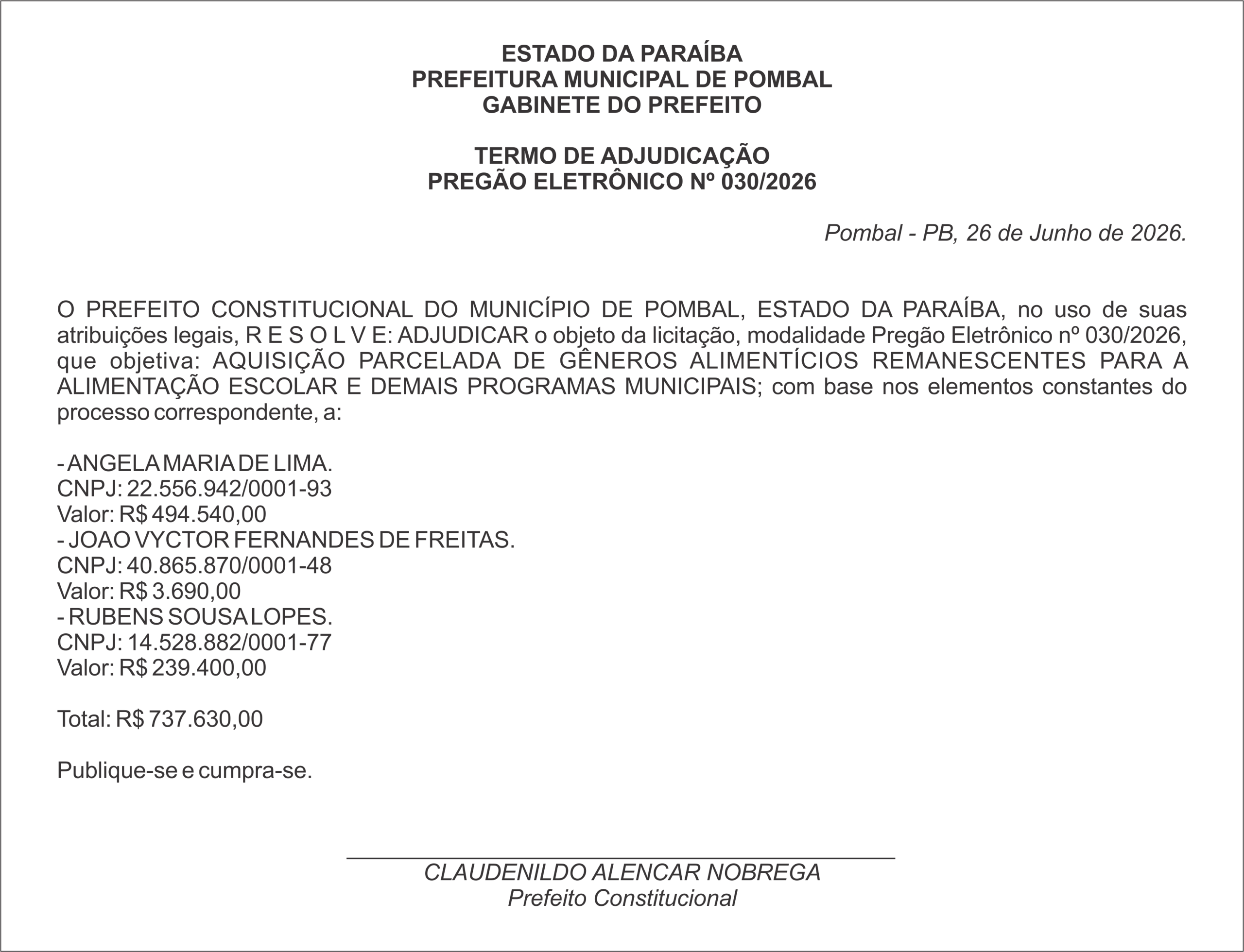 PREFEITURA MUNICIPAL DE POMBAL- TERMO DE ADJUDICAÇÃO – PREGÃO ELETRÔNICO Nº 030/2026
