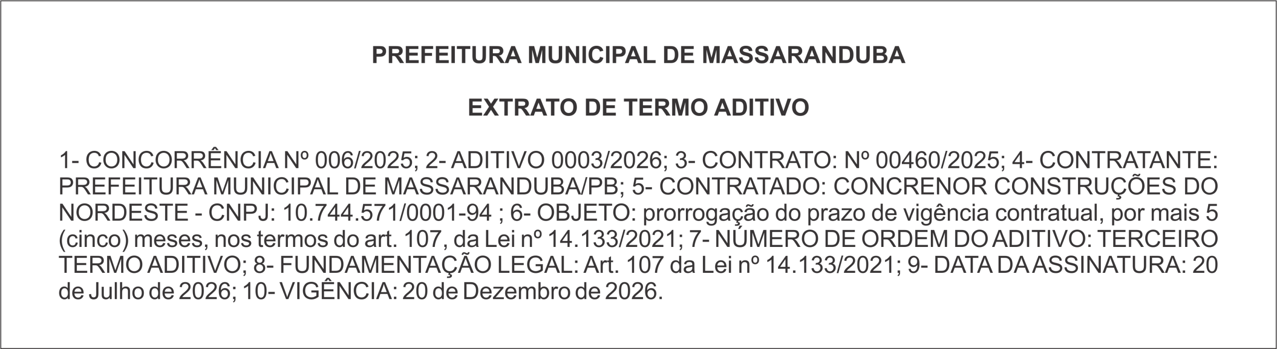 PREFEITURA DE MASSARANDUBA – EXTRATO DE TERMO ADITIVO