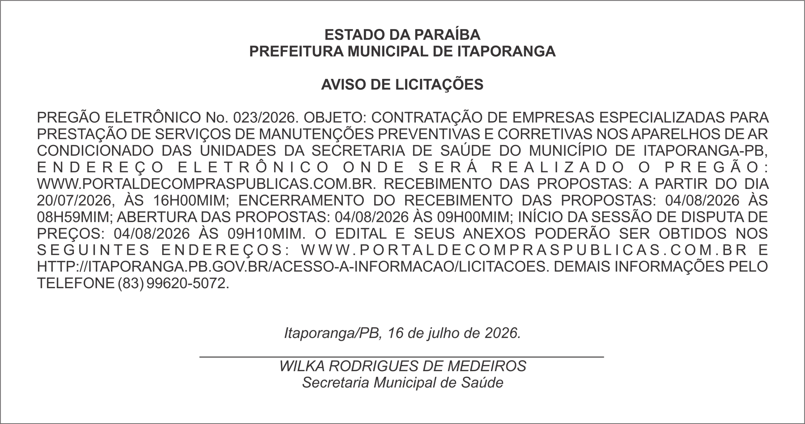 PREFEITURA MUNICIPAL DE ITAPORANGA – AVISO DE LICITAÇÕES – PREGÃO ELETRÔNICO No. 023/2026