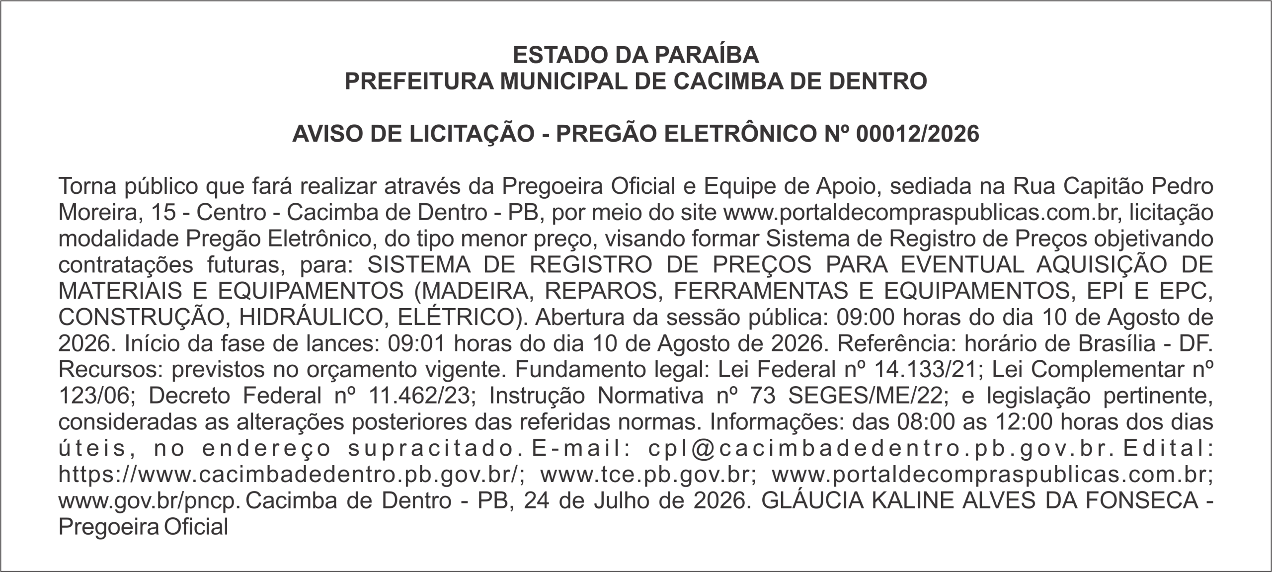 PREFEITURA MUNICIPAL DE CACIMBA DE DENTRO – AVISO DE LICITAÇÃO – PREGÃO ELETRÔNICO Nº 00012/2026