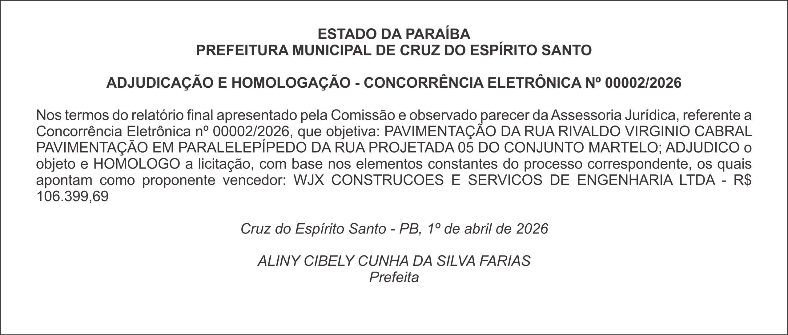 PREFEITURA MUNICIPAL DE CRUZ DO ESPÍRITO SANTO – ADJUDICAÇÃO E HOMOLOGAÇÃO – CONCORRÊNCIA ELETRÔNICA Nº 00002/2026